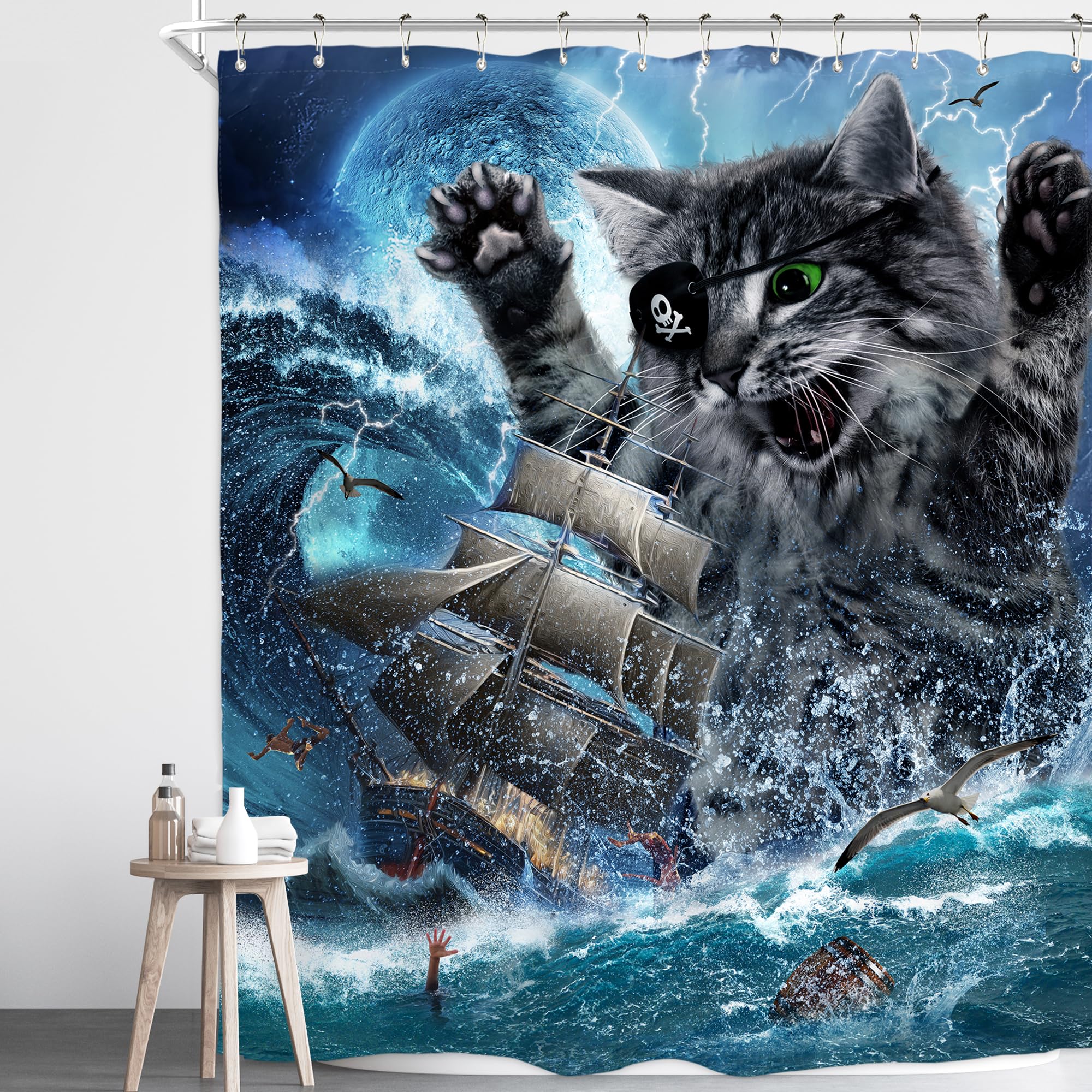 Homewelle Funny Cat Shower Curtain Pirate Ship Sea Ocean Waves Nautical Sailboat Moon Cool Animal Beach Seagull Cute For Kids Bo