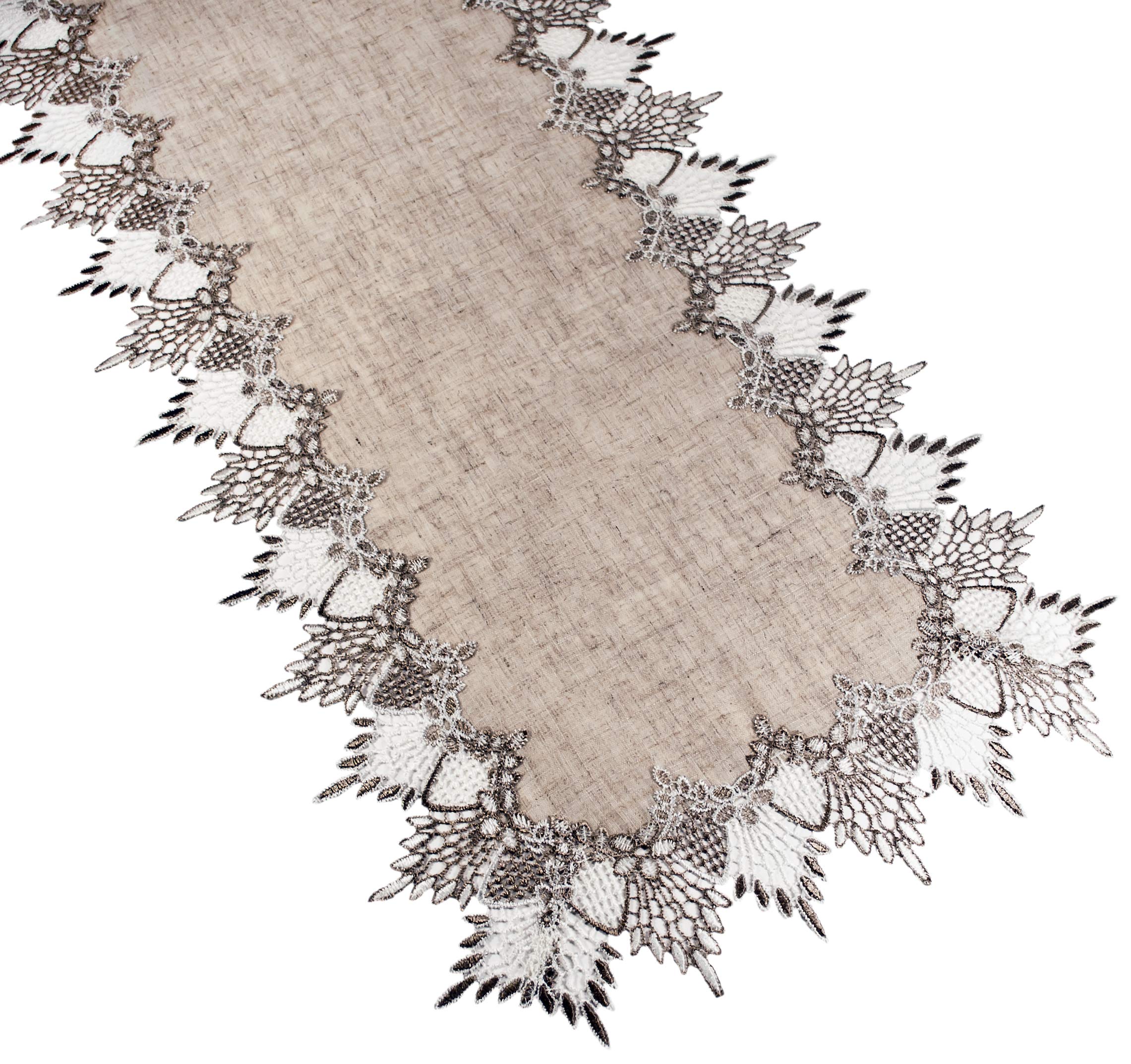 Neutral Earth Tones Lace Table Runner, Dresser Scarf, Coffee Table Runner, Brown Farmhouse Style (16Wx 54L)