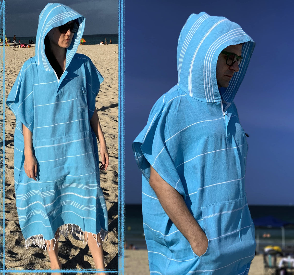 Aysesa Large Surf Poncho - Thin Turkish Cotton Beach Robe Hooded Wetsuit Changing Towel | Ultra Thin Quick Dry | Sandproof | 100