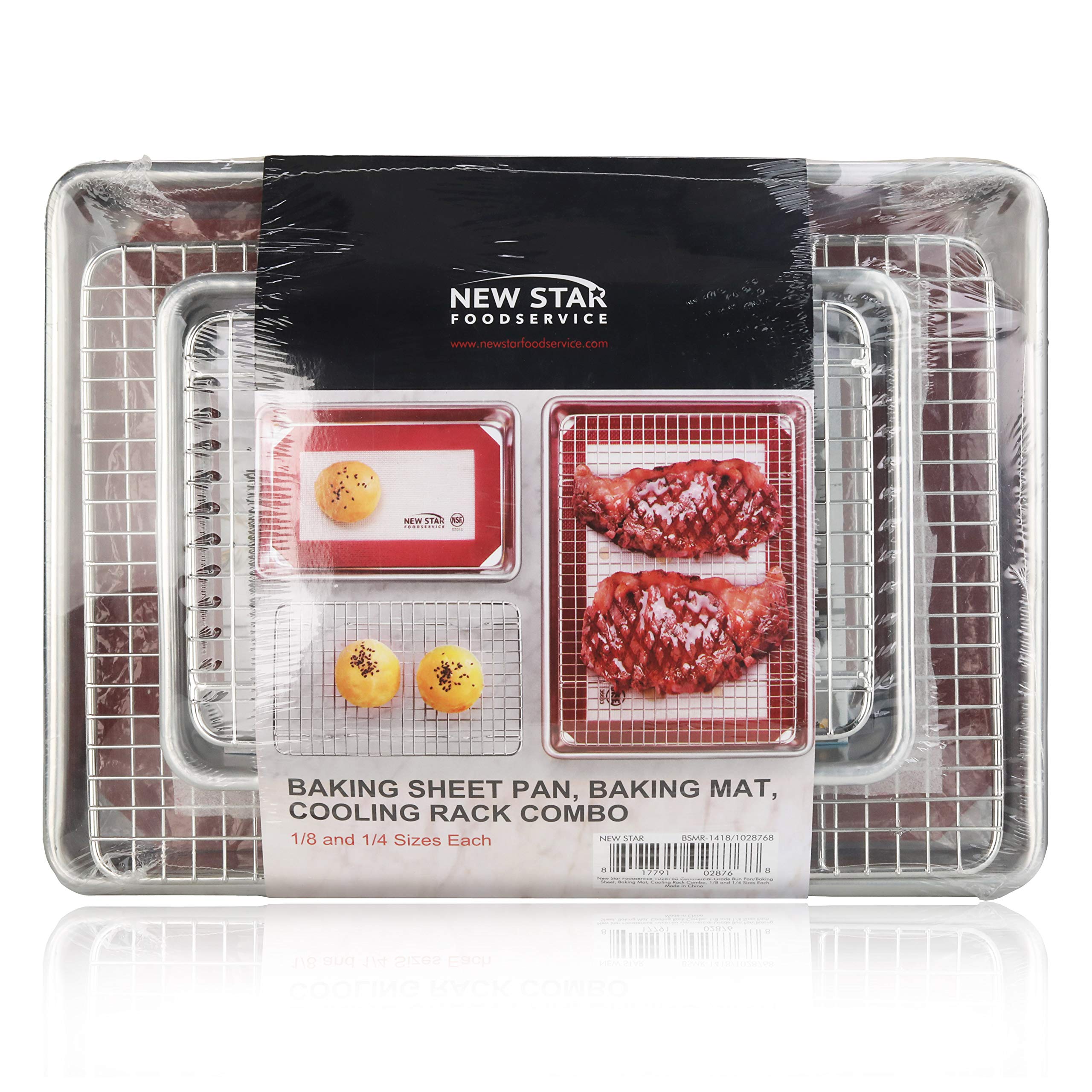 New Star Foodservice 1028768 Commercial-Grade Bun Pan/Baking Sheet, Baking Mat, Cooling Rack Combo, 1/8 And 1/4 Sizes Each