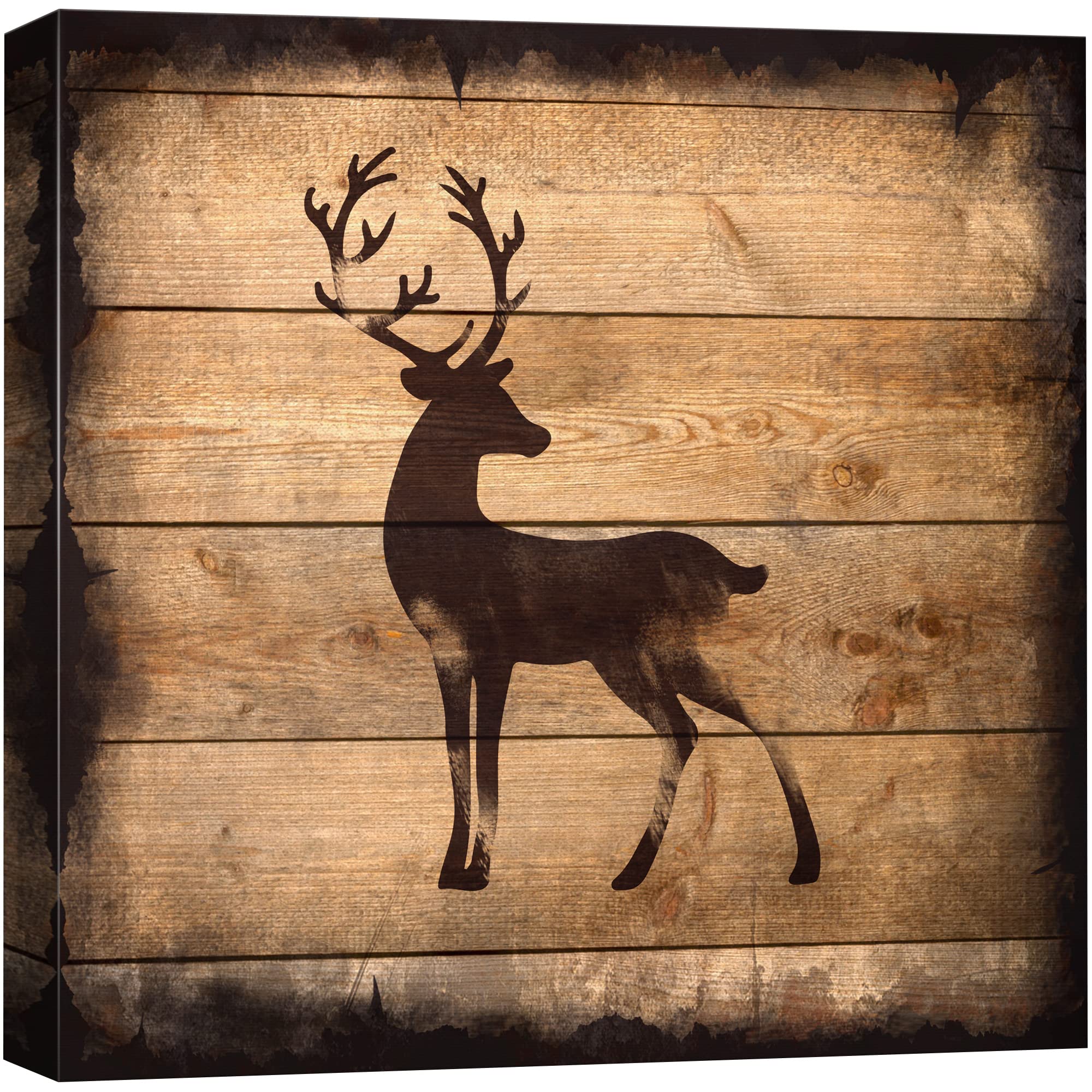 Wall26 - Square Canvas Wall Art - Deer Silhouette On Rustic Wood Board Texture Background - Giclee Print Gallery Wrap Modern Hom