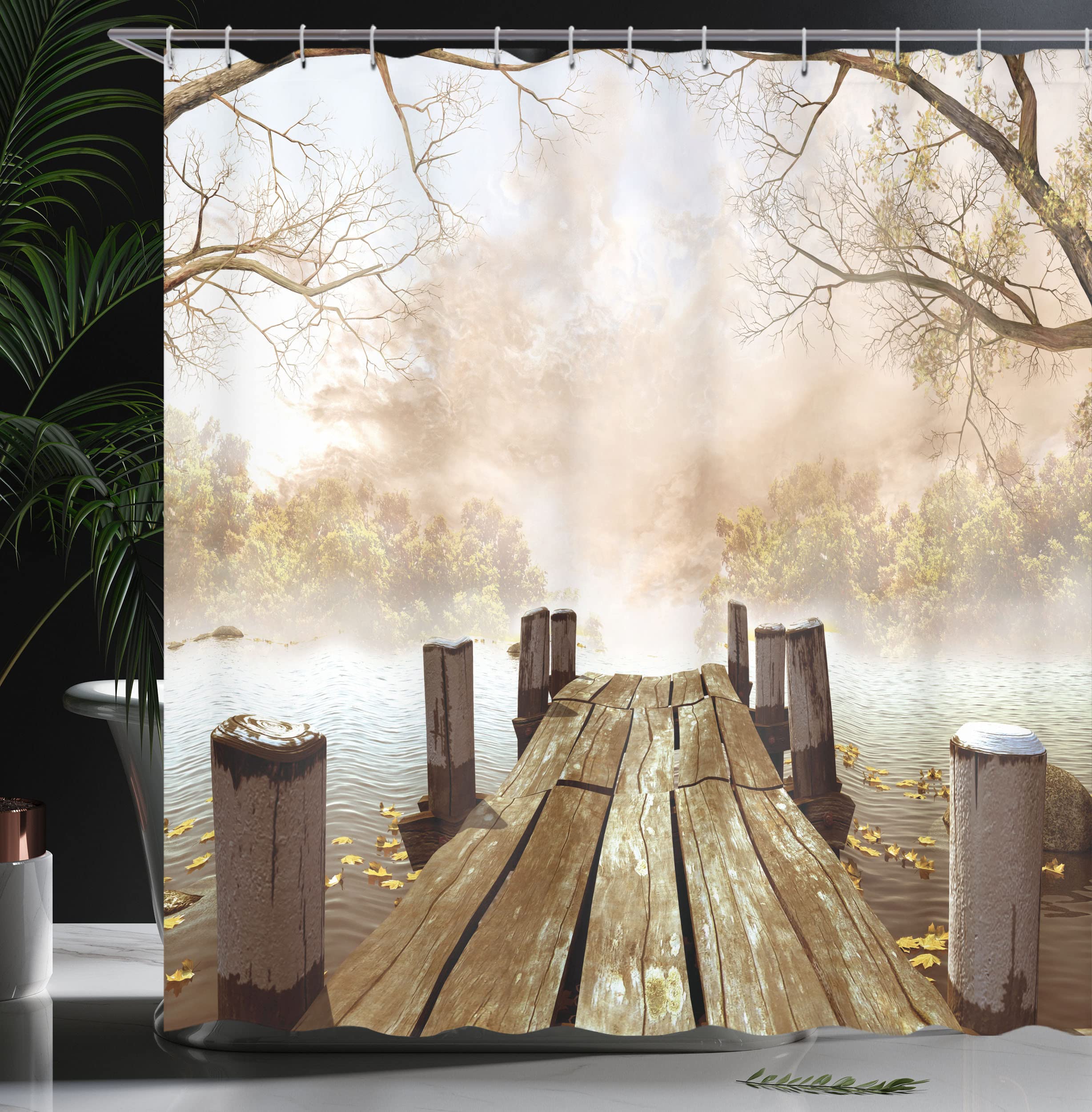 Ambesonne Autumn Shower Curtain, Old Wooden Jetty On A Lake Fallen Leaves And Foggy Forest In Distance, Cloth Fabric Bathroom De