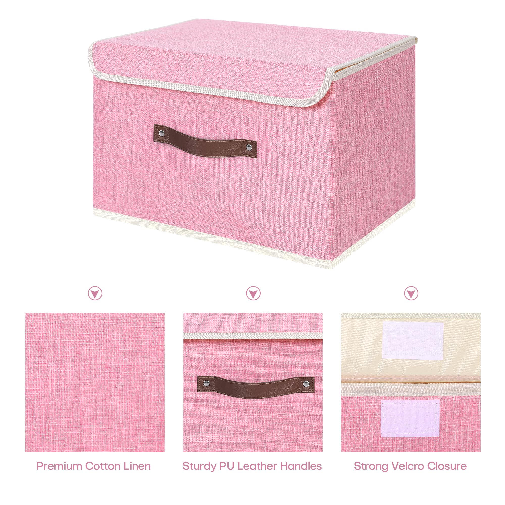 Anminy 2Pcs Storage Bins With Lid Pu Leather Handles Storage Boxes Pp Plastic Board Decorative Foldable Lidded Cotton Linen Fabr