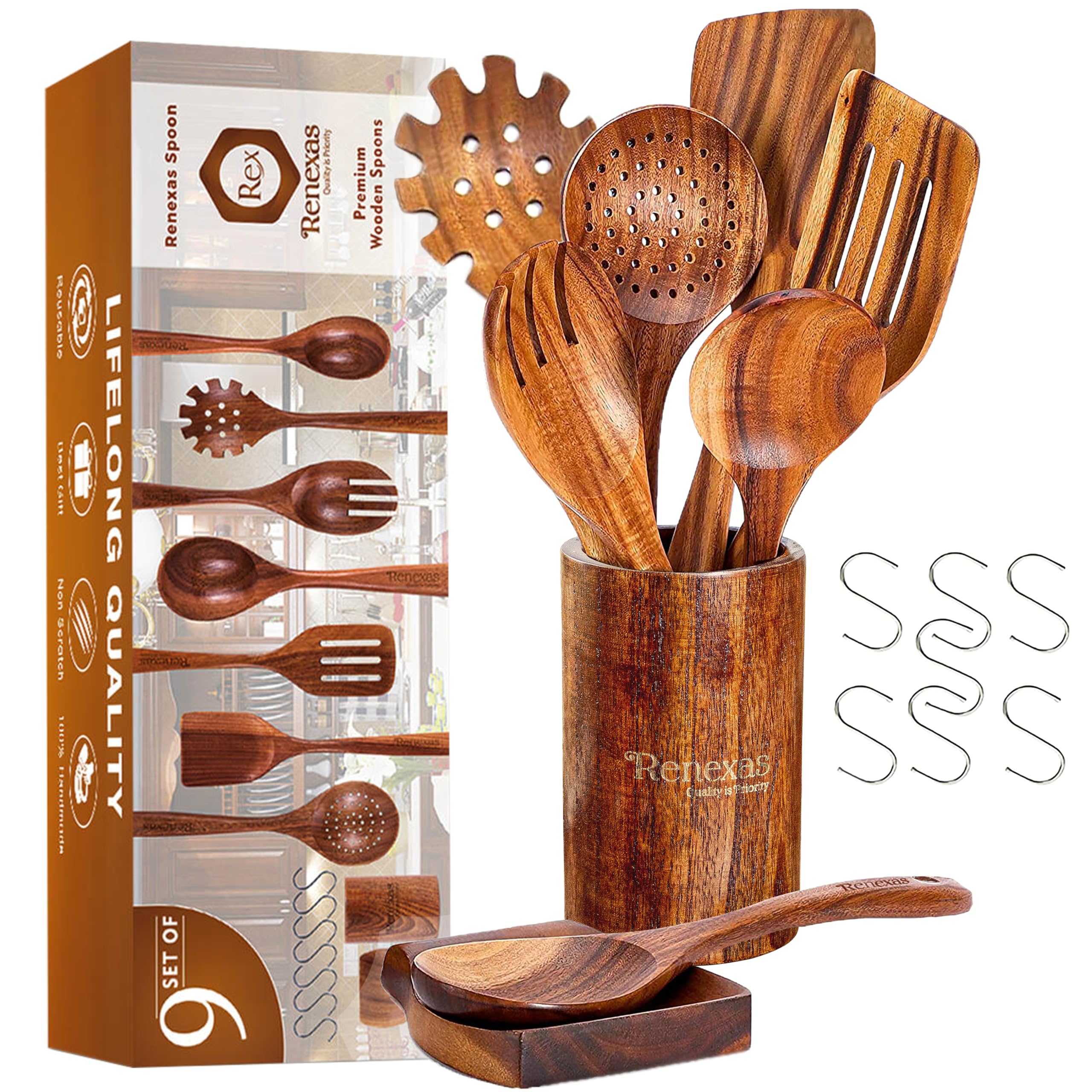 Renexas 9 Pcs Wooden Spoons For Cooking Utensils, Natural Teak Wooden Cooking Spoons With Nonstick Spatula Set, Bamboo Kitchen U