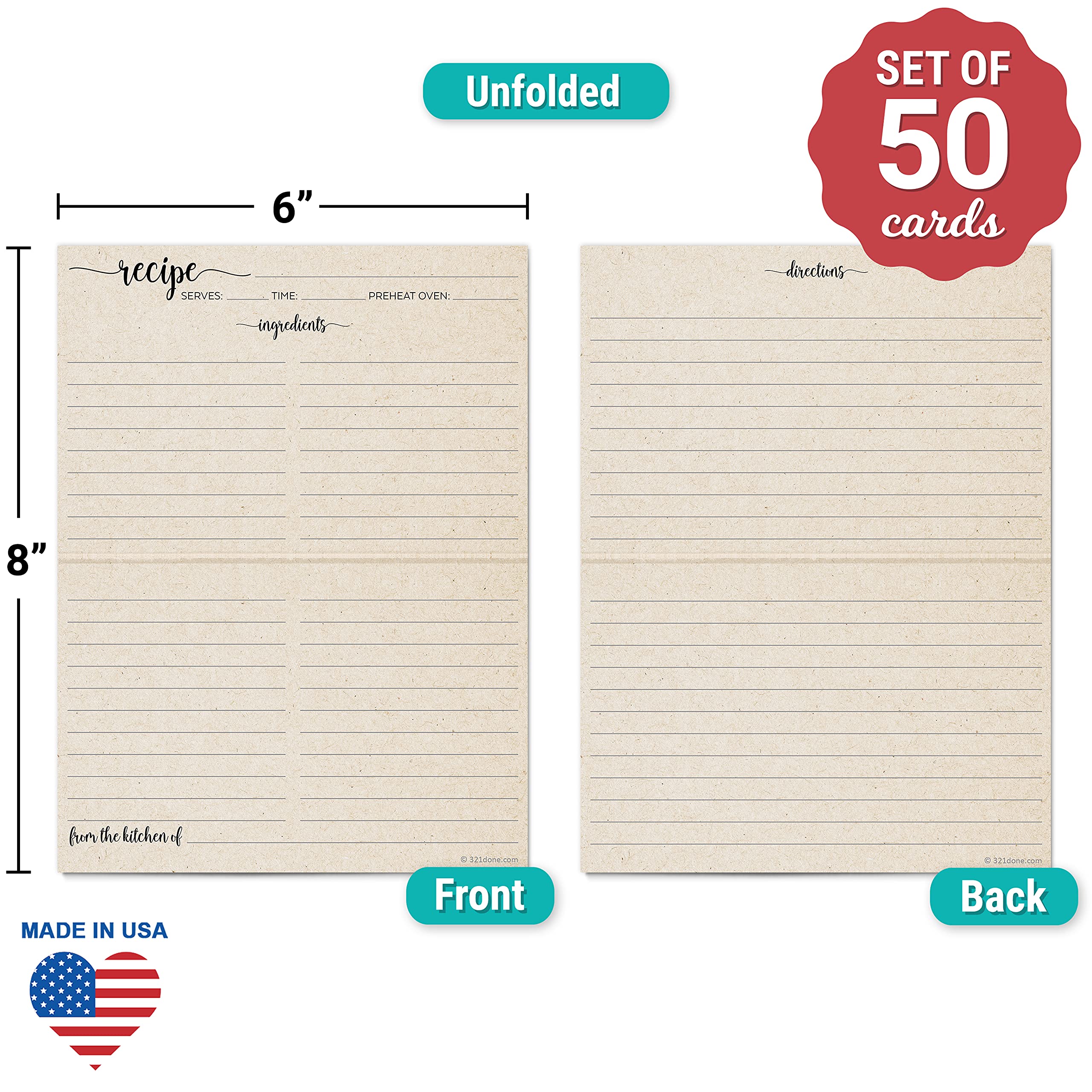 321Done Folding Recipe Cards (Set of 50) X-Large - Made in USA - Folds to 4x6 from 8x6 - Rustic Kraft Minimalist - Retro Vintage Luxury Thick Cardstock Jumbo Folded Double-Sided
