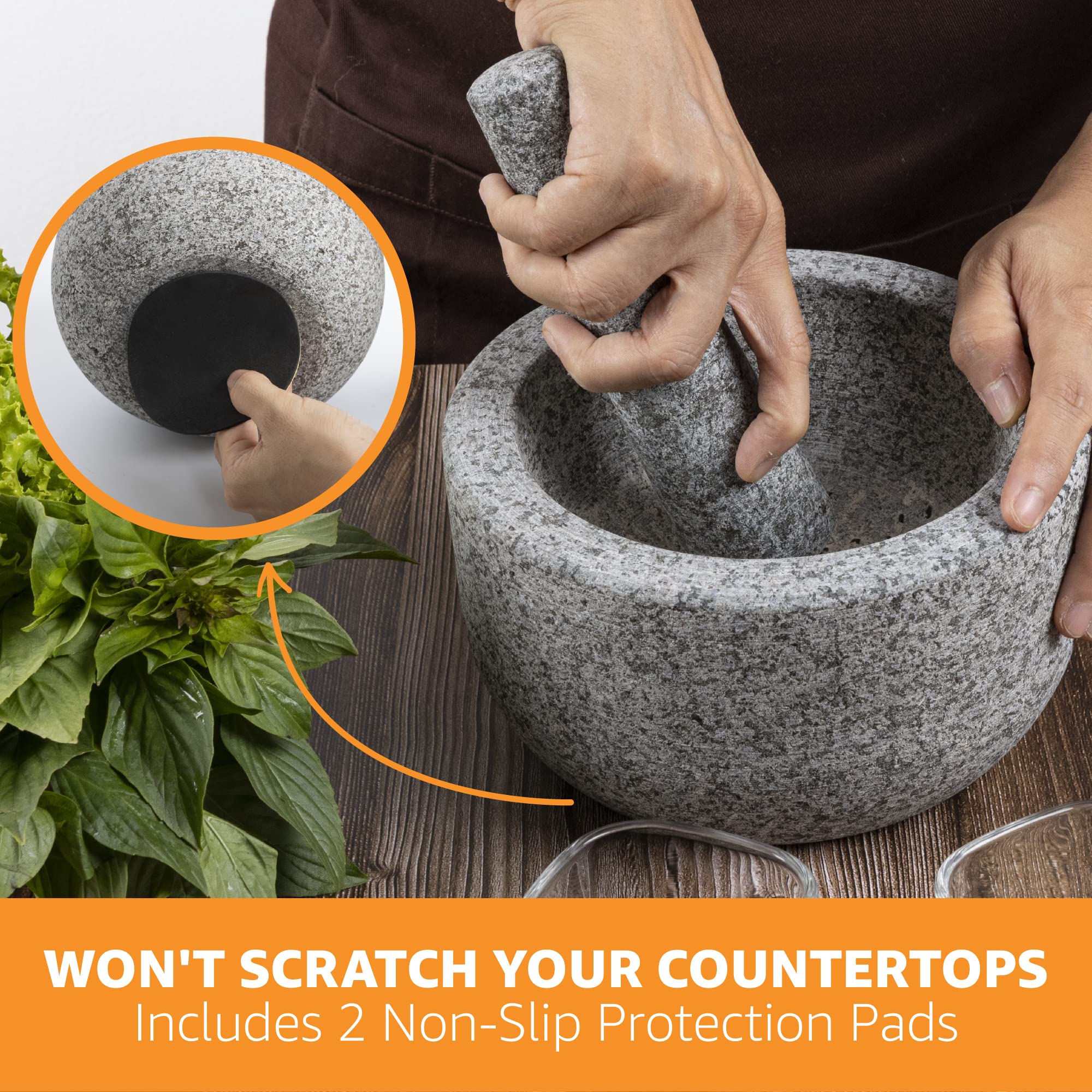 Heavy Duty Large Mortar And Pestle Set, Hand Carved From Natural Granite, Make Fresh Guacamole, Salsa, Pesto, Stone Grinder Bowl
