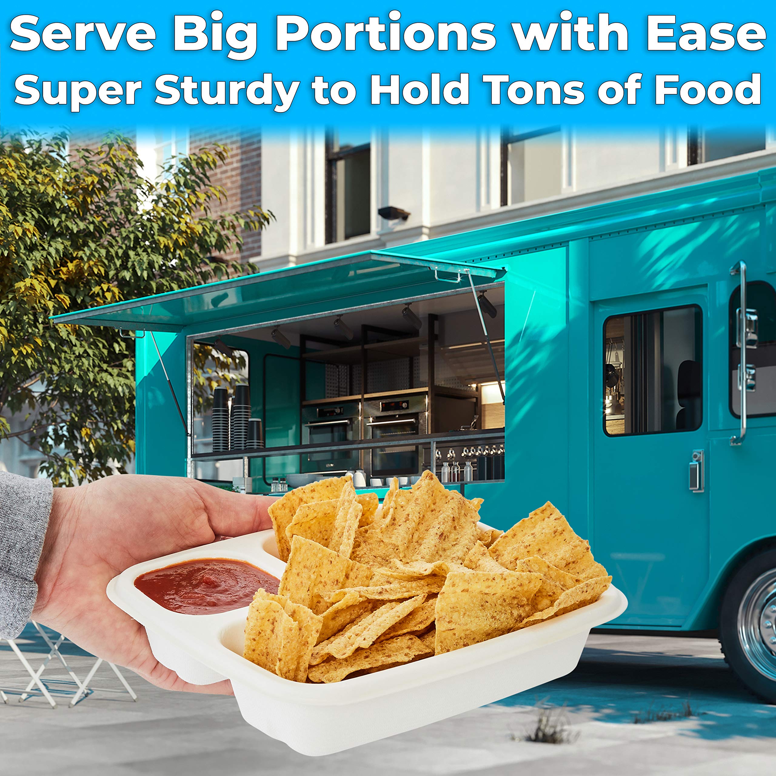Leak-Free Compostable Bagasse Nacho Trays 100 Pk. Large 2 Compartment Microwave Safe Biodegradable Sugarcane Serving Platter. Du