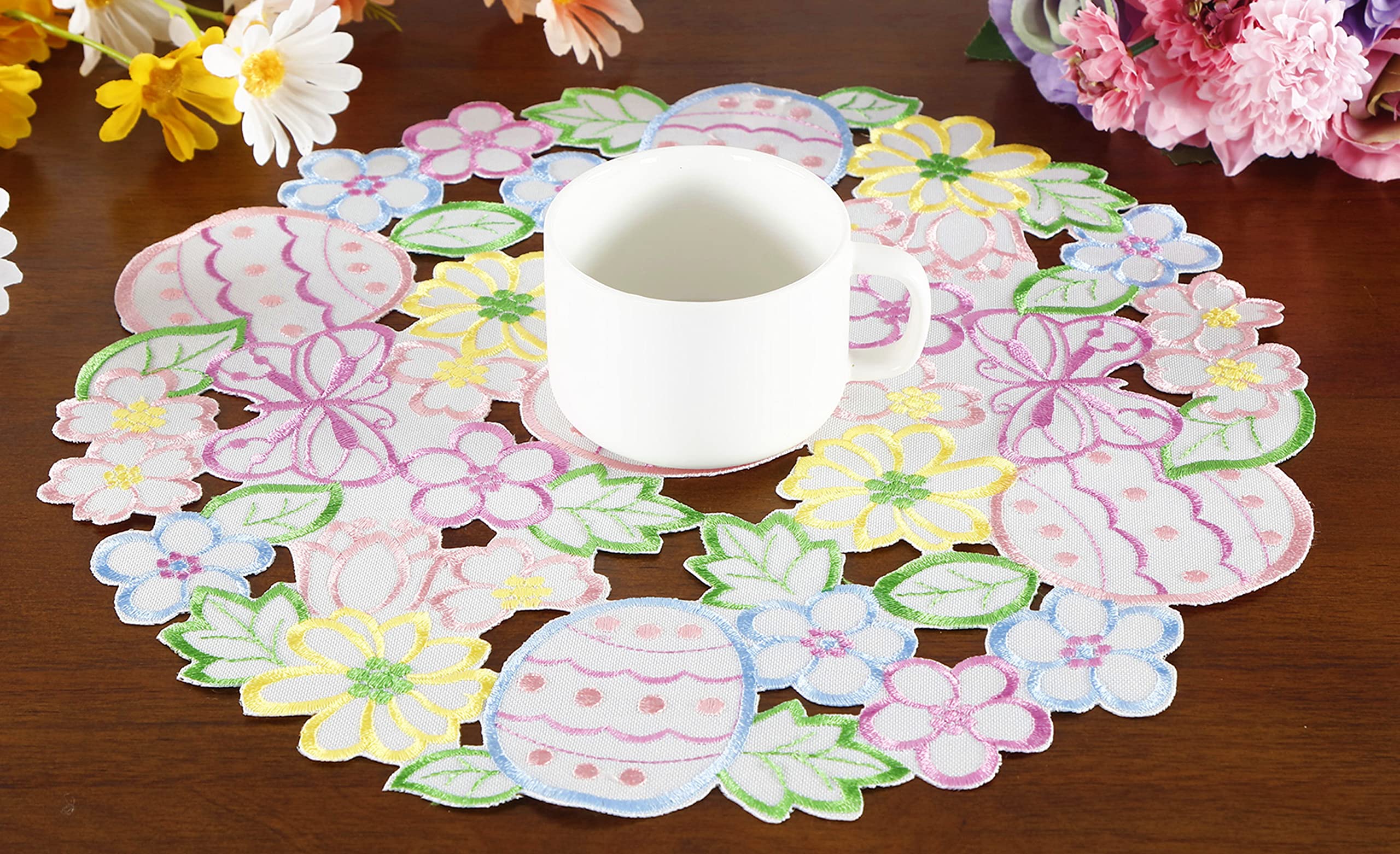 Easte Egg Placemat 14'' Set Of 4 Cutwork Embroidered Spring Flowery Floral Eggs Dresser Scarf For Home Kitchen Dining Spring Hol