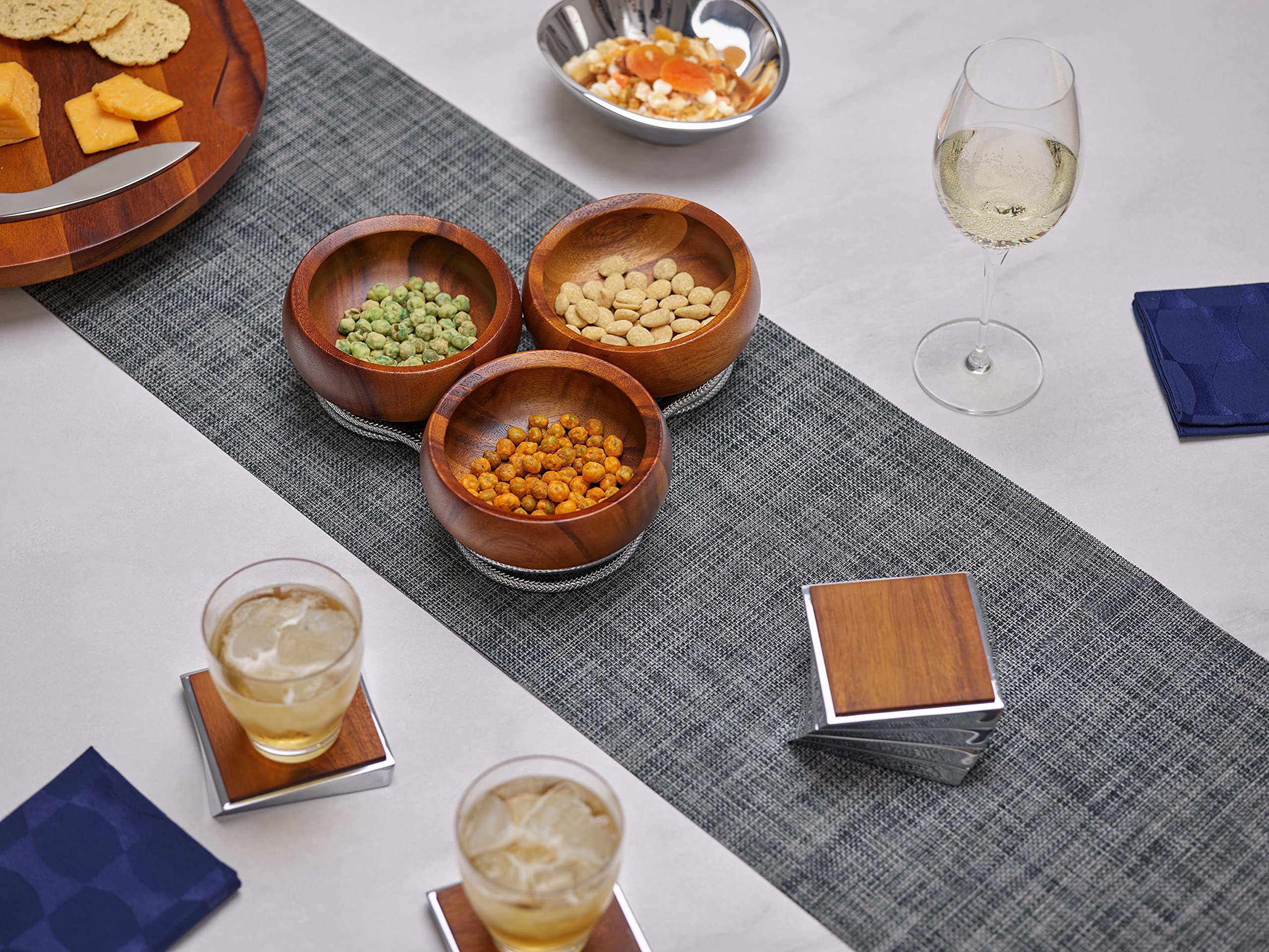 Nambe Twist Coaster 6-Piece Set | Wooden Drinks Coasters For Tabletop Protection | Made Of Acacia Wood And Metal Alloy | Unique