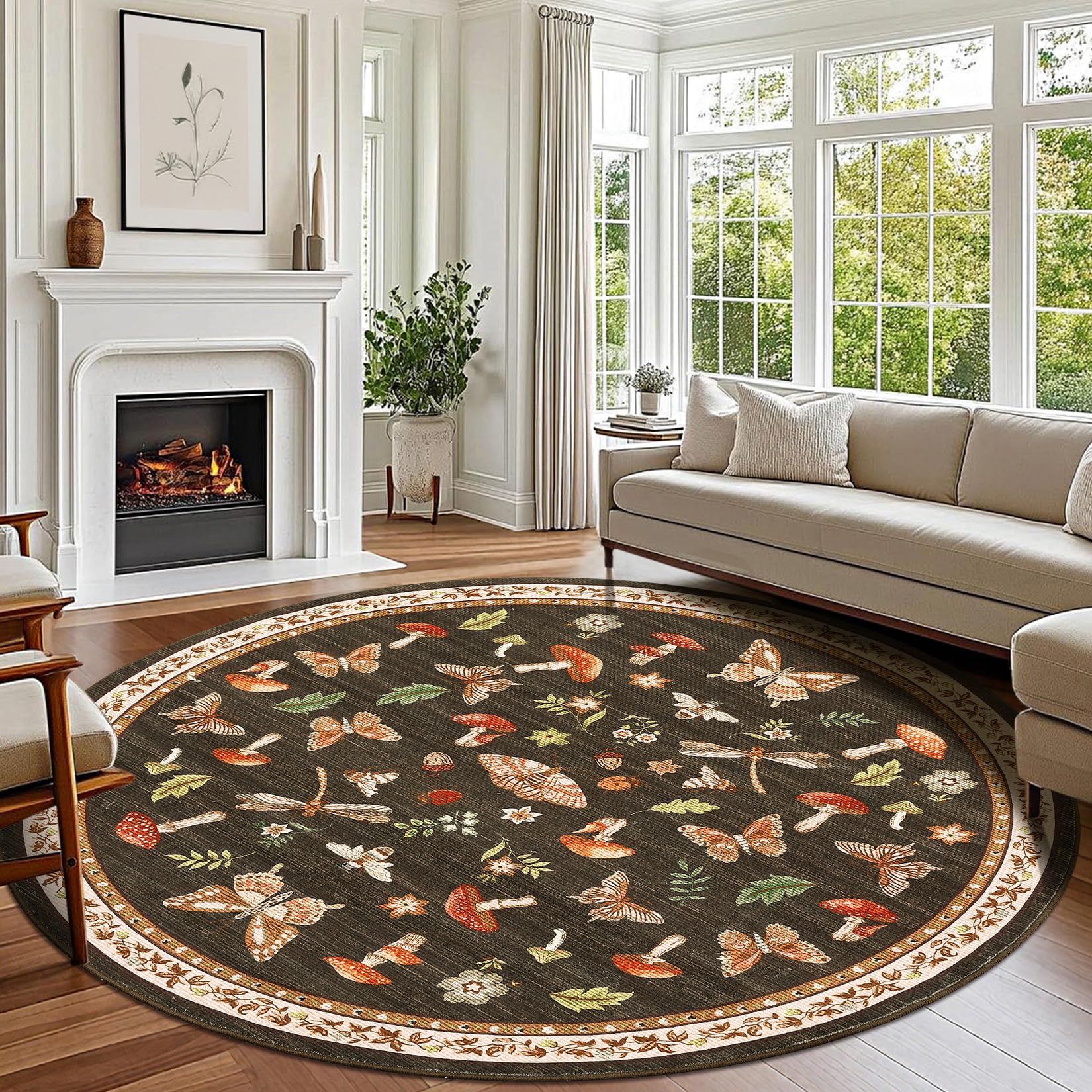 Mushroom Insect 8ft Round Rug Washable Non-Slip Soft Ultra-Thin Large Boho Circle Carpet for Entryway Kitchen Bedroom Nursery Di