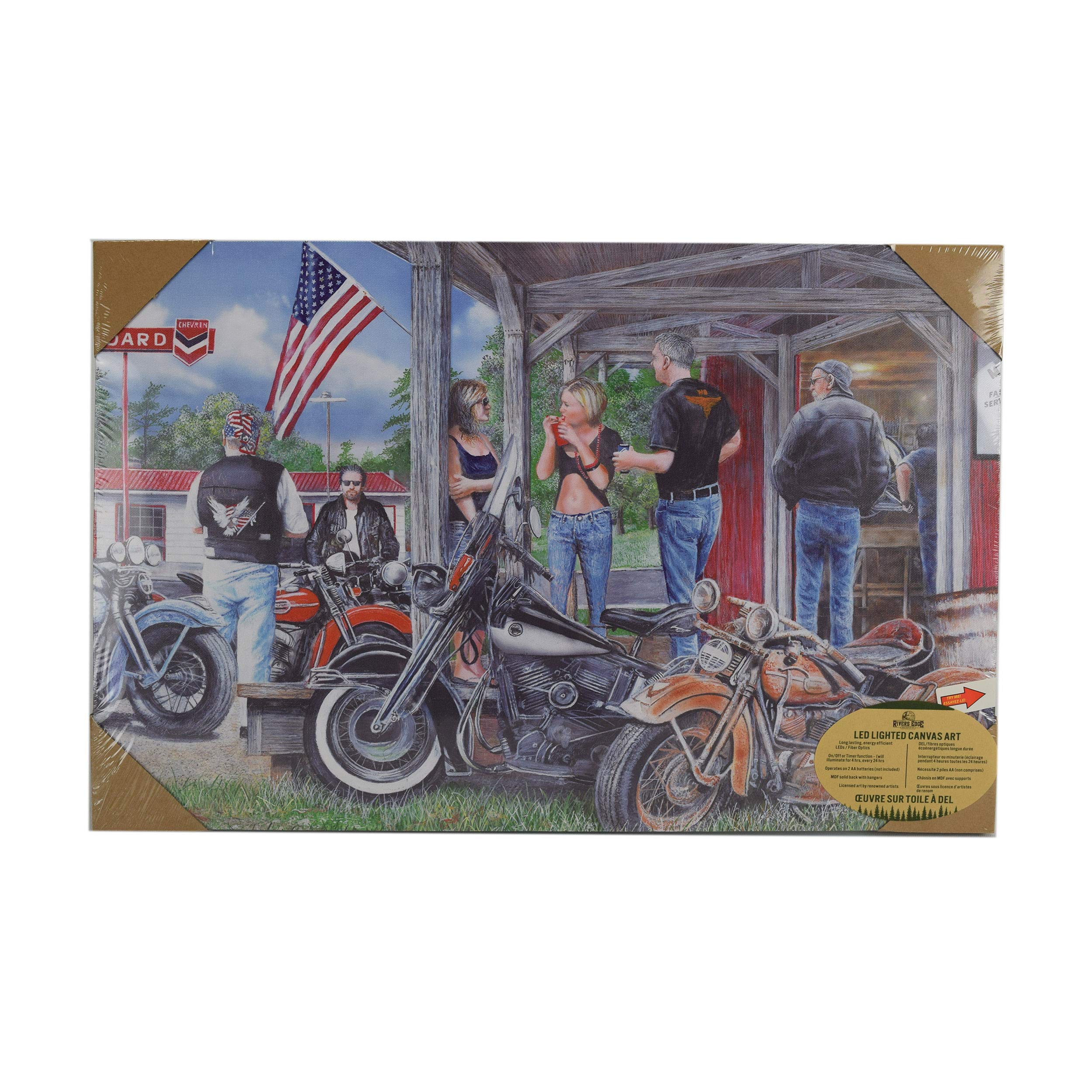Rivers Edge Products LED Canvas Wall Art, 24x16", Battery Operated Lighted Decor, Rusty Motorcycle Design