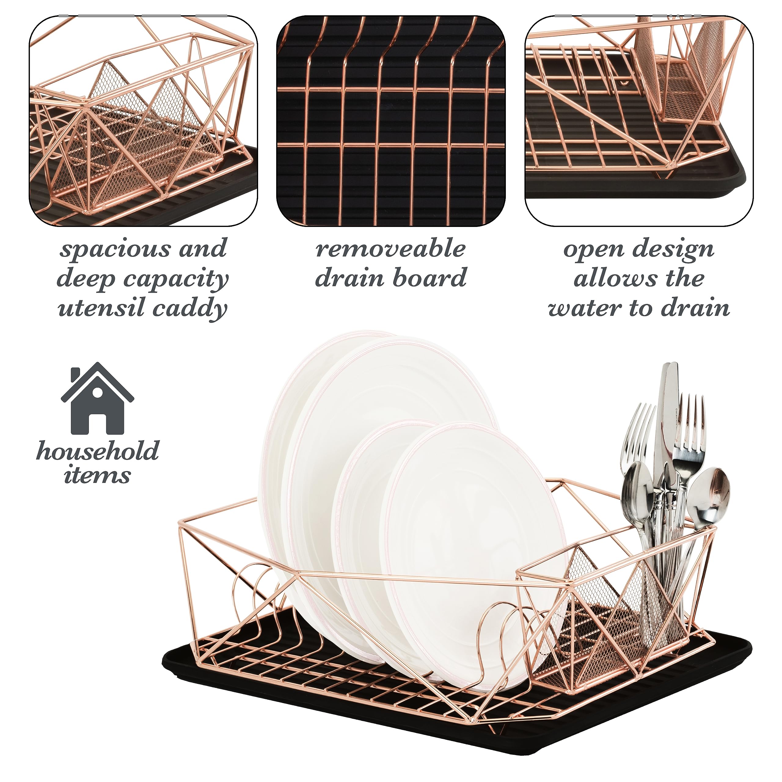 Kitchen Details Copper Dish Drying Rack with Drain Board, Cutlery Basket & Utensil Holder, Iron Frame, Model 23378-COPPER