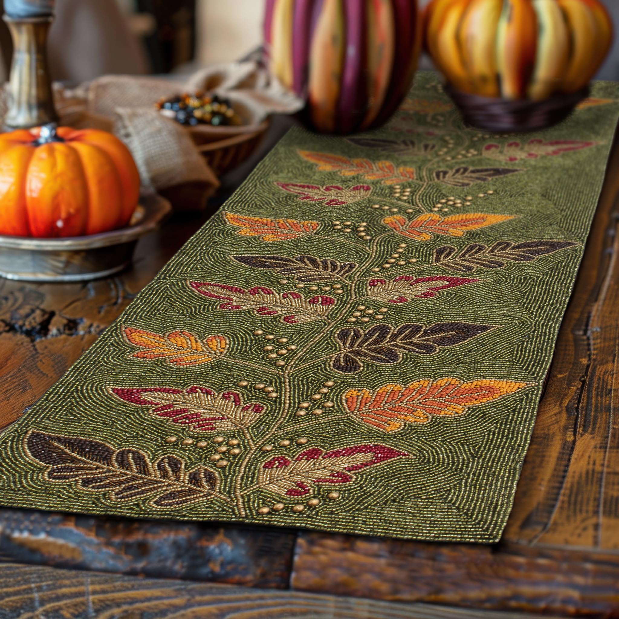 COTTON CRAFT Harvest Beaded Table Runner - Fall Leaves Autumn Foliage Handmade Tablerunner - Thanksgiving Halloween Christmas Ce