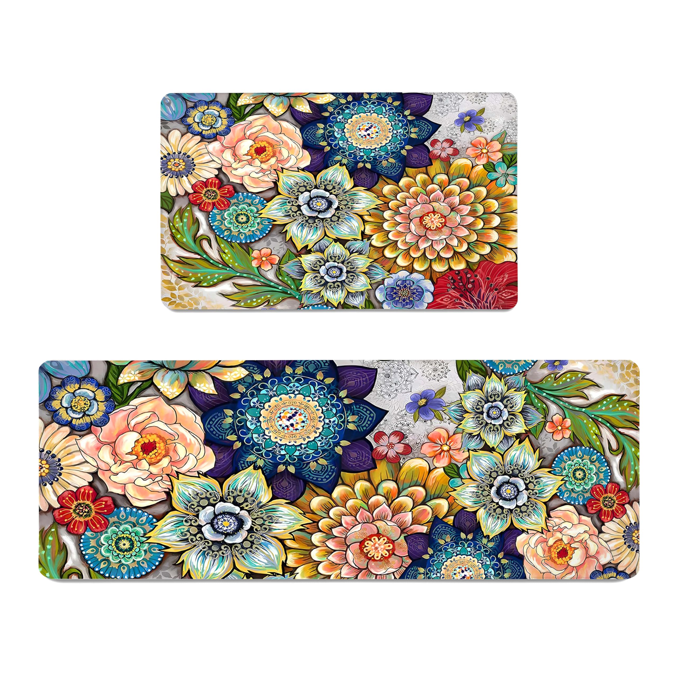 Tubeamin Boho Floral Kitchen Rugs Mats For Floor 2 Piece Memory Foam Padded Kitchen Mats Anti Fatigue Non Slip Cushioned Comfort