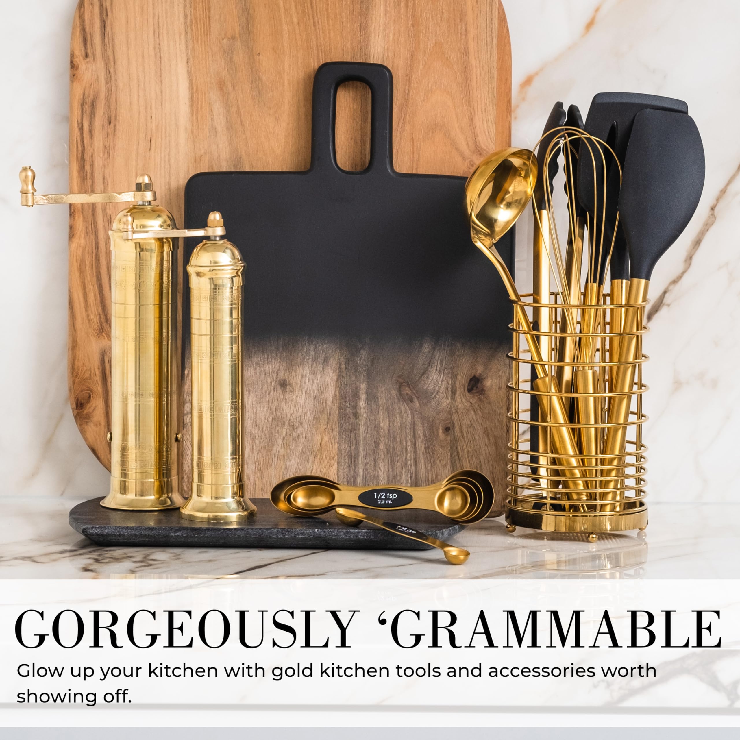 Black And Gold Kitchen Utensils Set - 7-Piece Silicone Cooking Tools With Gold Utensil Holder For Nonstick Cookware And Modern K