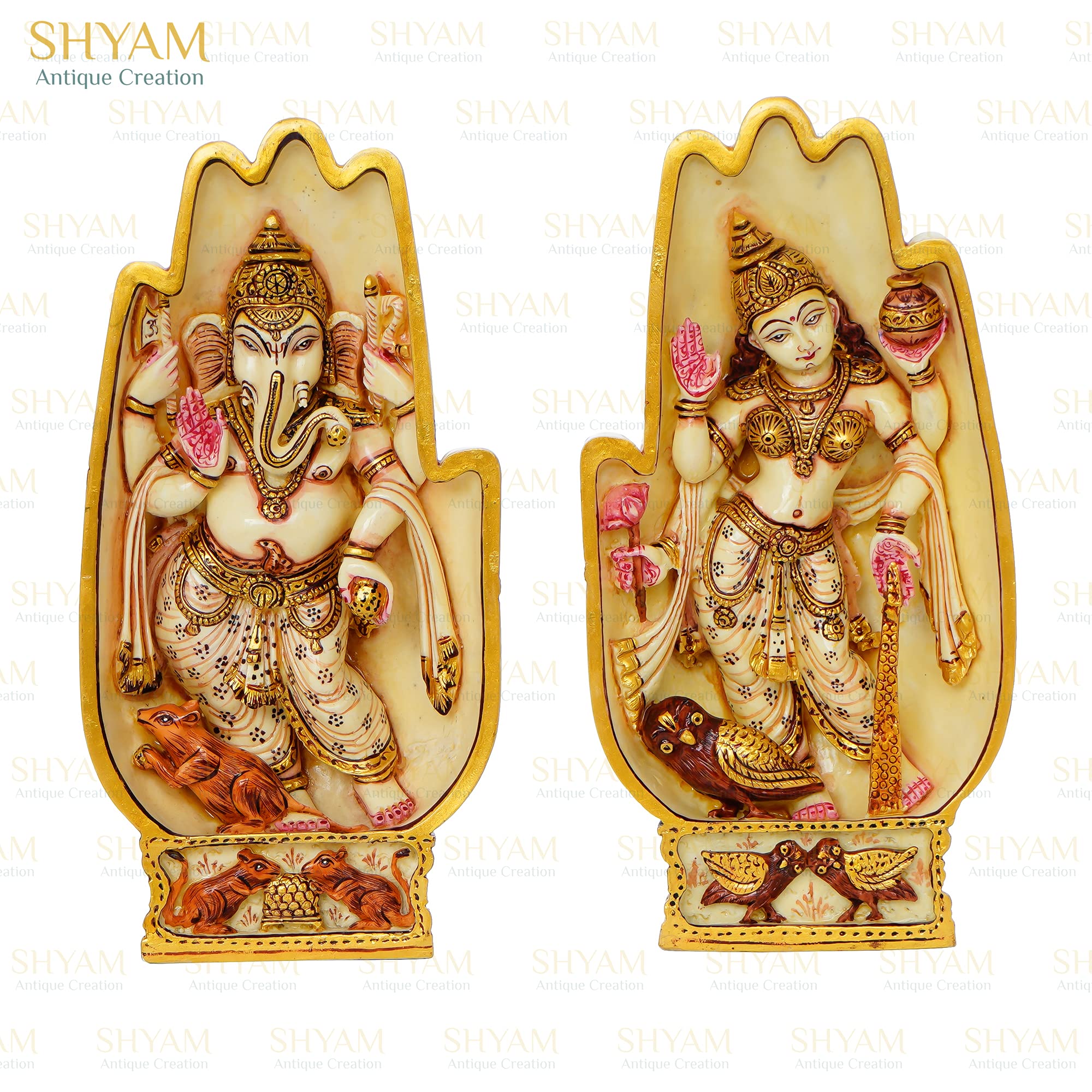 Shyam Antique Creation Pair Of Hands Depicting Lakshmi Seated On Owl And Ganesha On Rat Pair Of Lakshmi Ganesh Idol Murti For Di