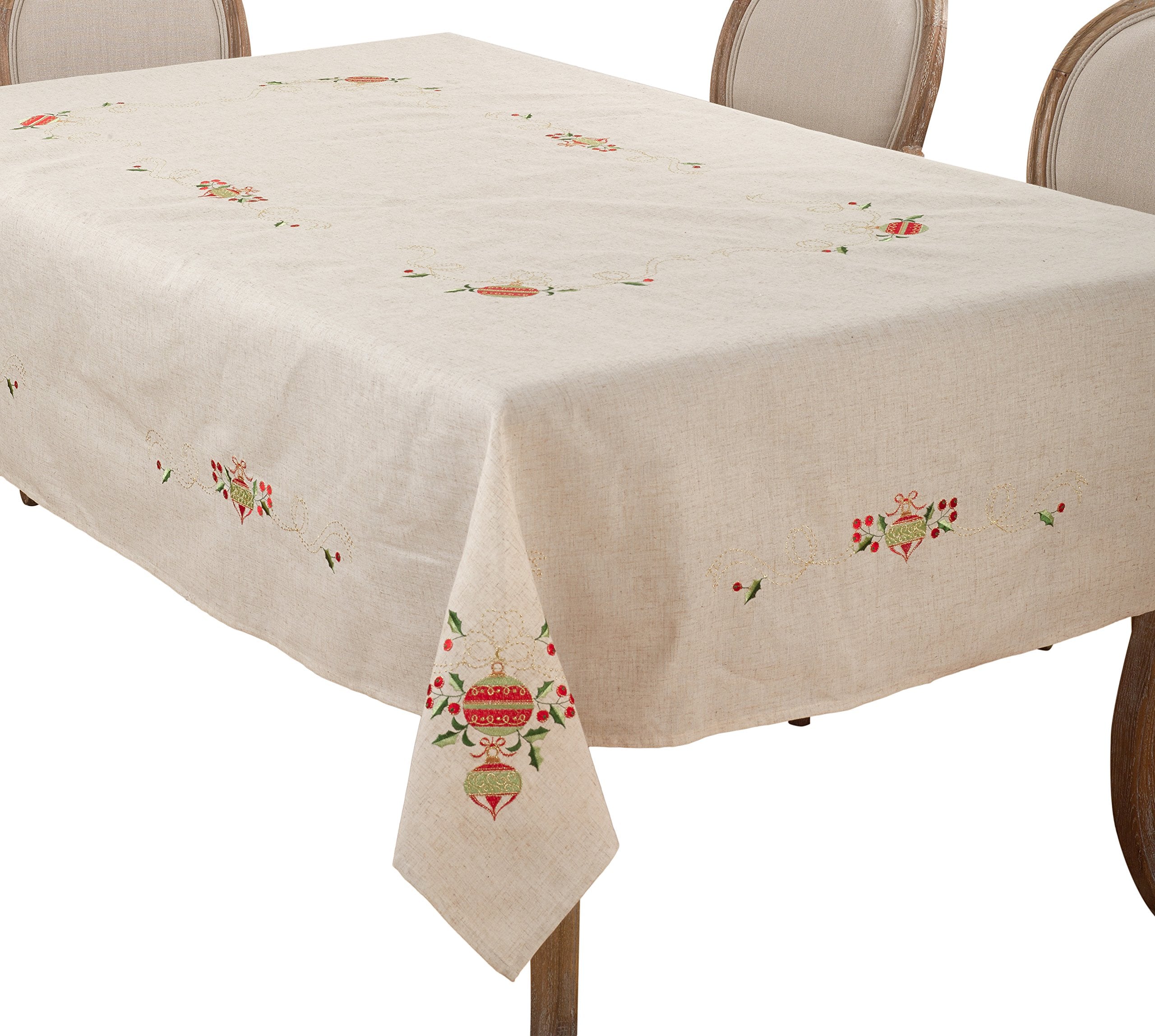 Saro Lifestyle Embroidered Ornament Design Linen Blend Tablecloth, Natural, 67x104