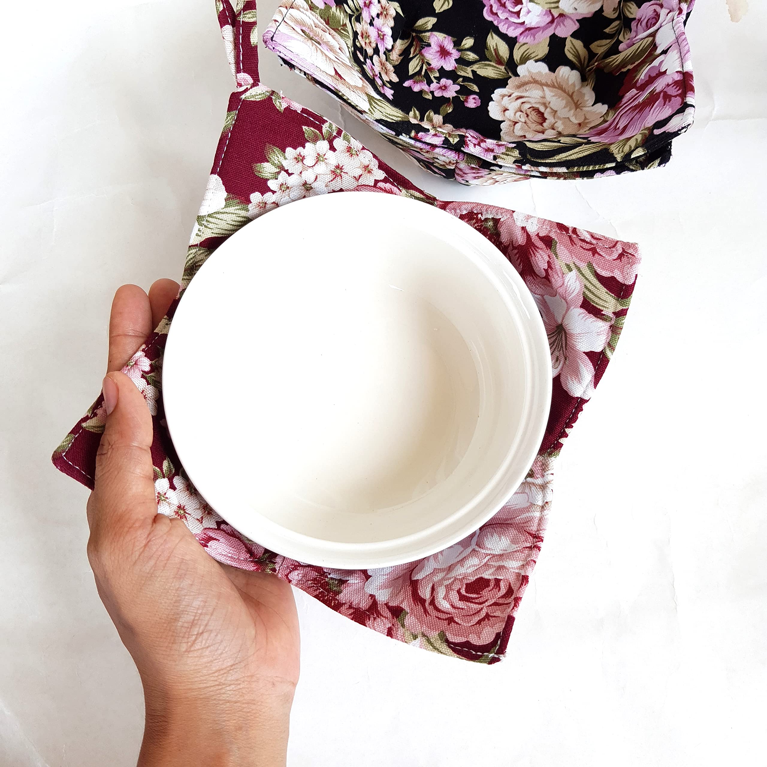 Cushystore 4X Bowl Cozy Canvas Holders Heat And Cold Resistant Anti-Scalding Protector Red Black Roses Garden