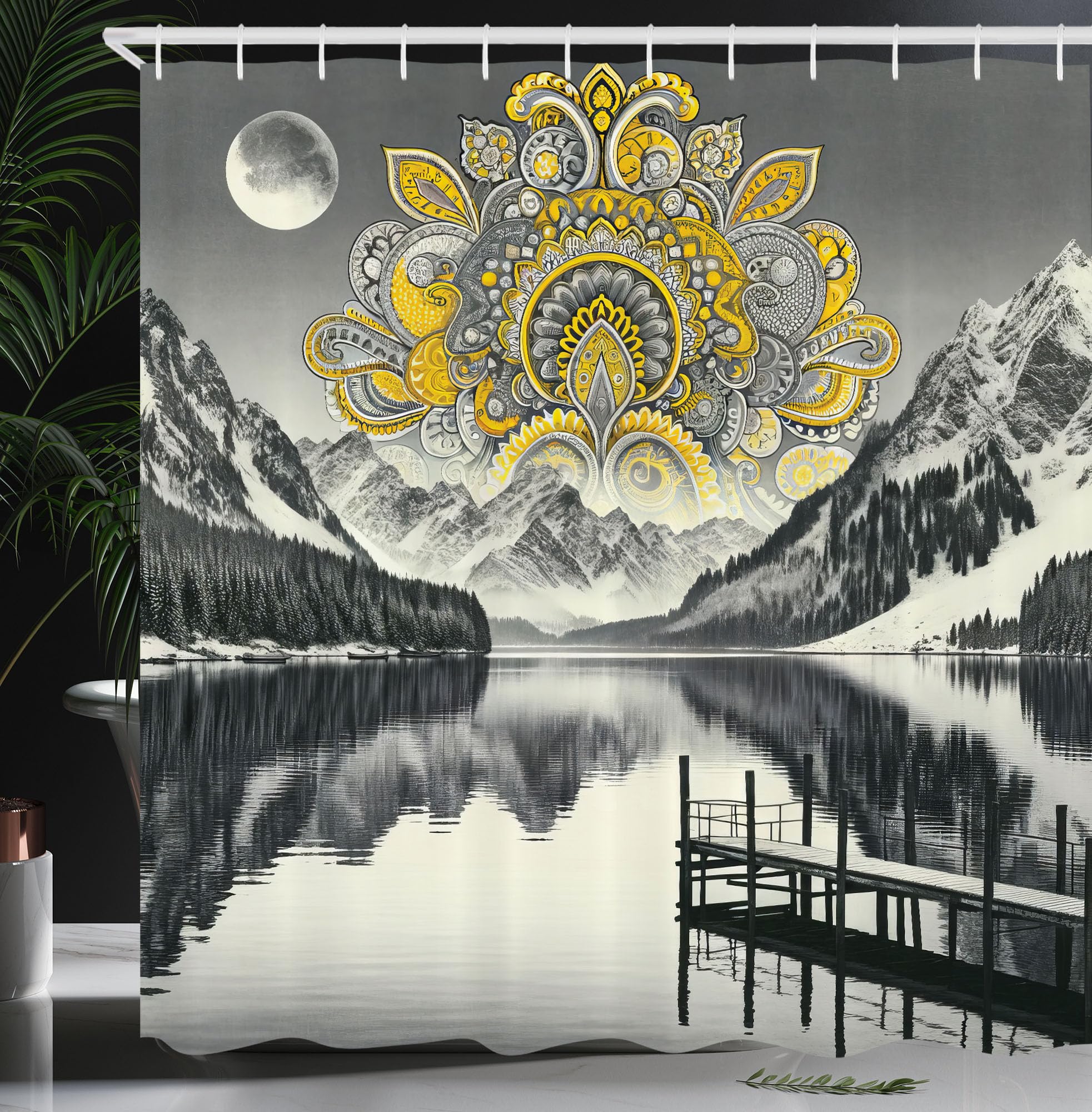 Ambesonne Lake Shower Curtain, Mandala Inspired Motif And Mountains Panorama In Grayscale Achromatic Colors, Cloth Fabric Bathro