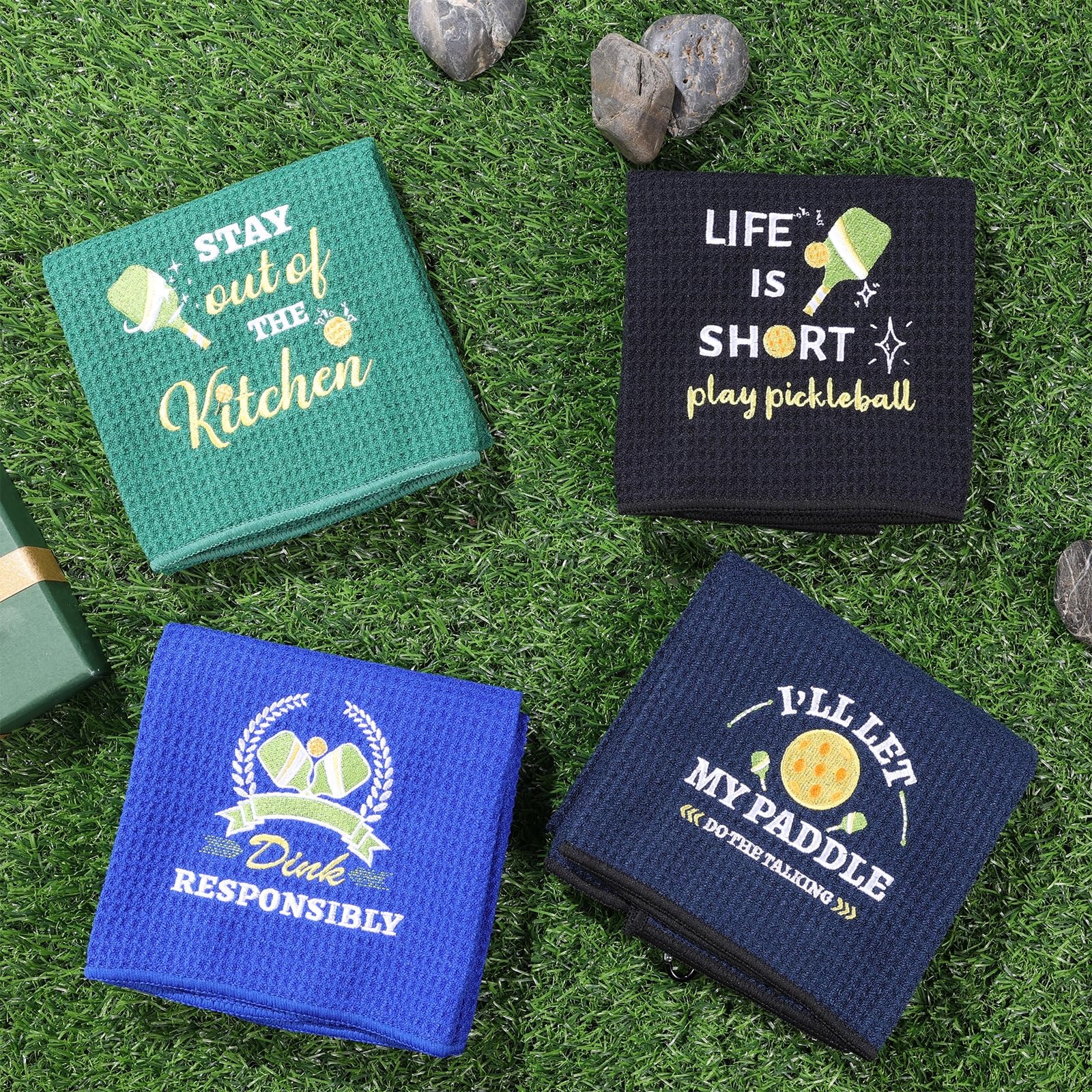 4 Pcs Funny Pickleball Towel Athletic Towels with Grommet Absorbent Embroidered Pickleball Gifts for Men Dinkball Towels Tennis