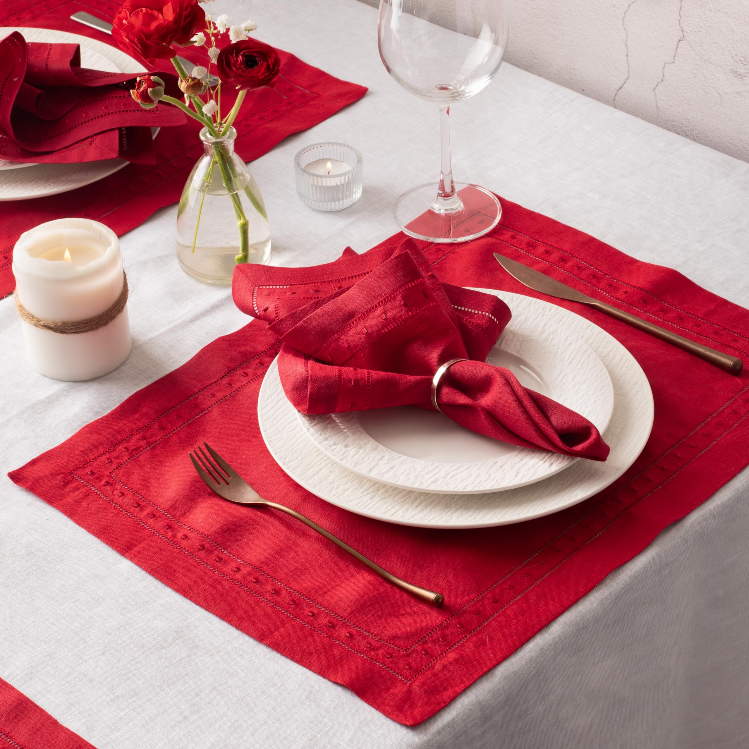 Linen Napkins Set Of 4-100% Pure Linen Red Embroidered Dinner Napkins - Hemstitch Cloth Napkins Washable For Valentines Day
