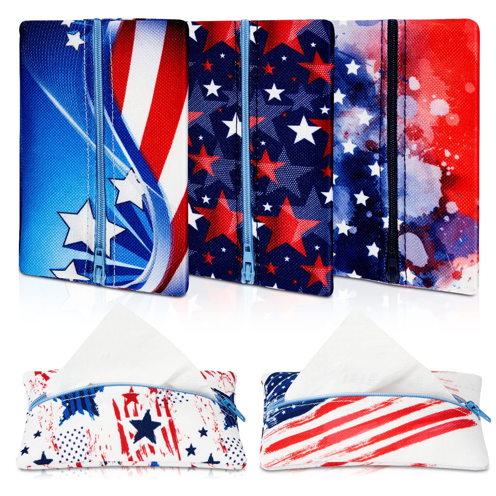 5 Pieces Tissues Purse Pocket Tissue Holder Reusable Travel Tissue Pouch Fabric Zipper Enclosed Small Size Us Flag Pattern Tissu
