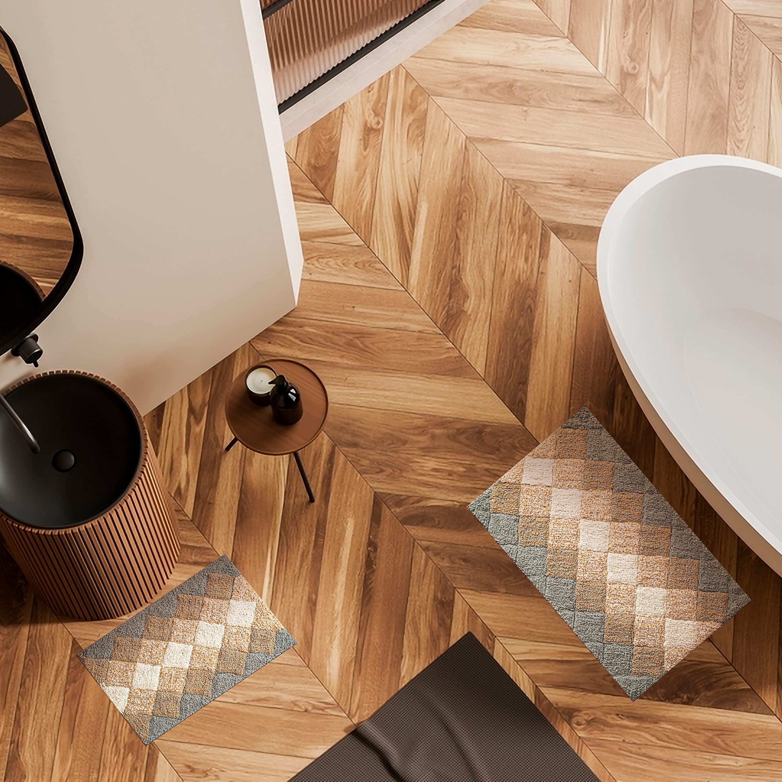 Bathroom Rugs Set 2Piece In 100%Cotton Albany Inspired Bath Rugs 21X32/17X34,Grey Beige Combo,Anitskid Bath Rugs Set,Cotton Bath