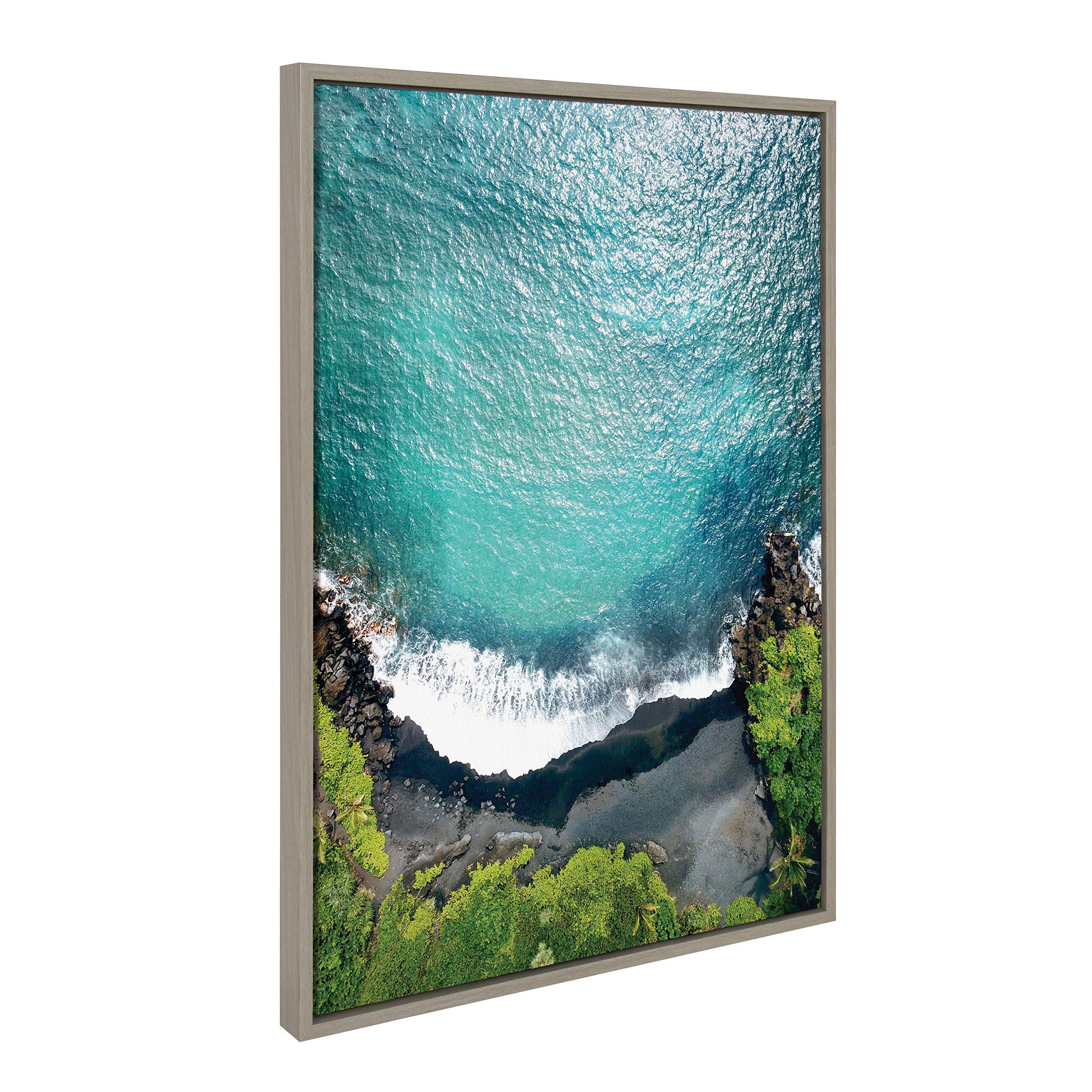 Kate And Laurel Sylvie Maui Black Sand Beach 1 Framed Canvas Wall Art By Rachel Dowd, 23X33 Gray, Coastal Art For Wall