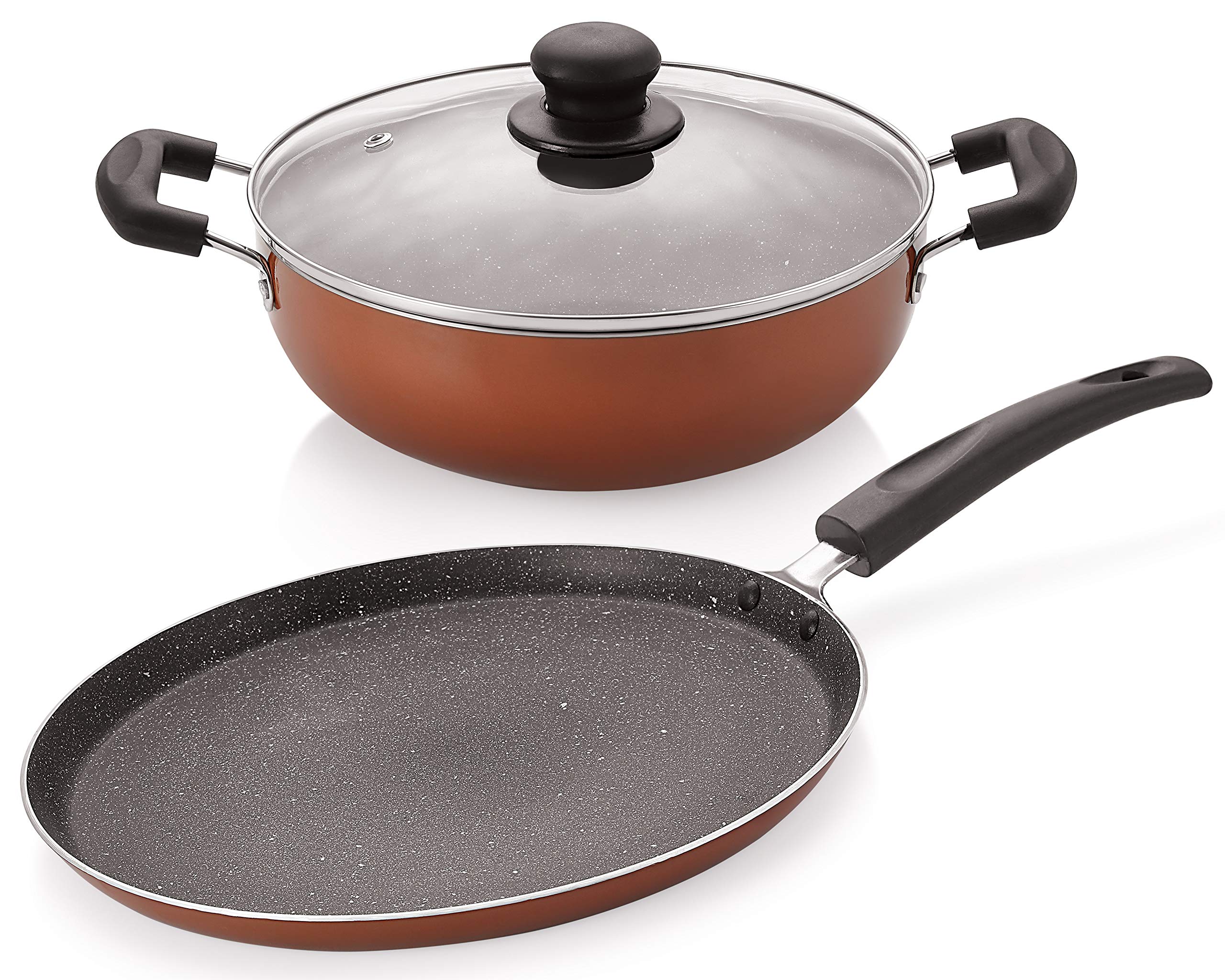 Nirlon Brownie Granite 3Piece Aluminium Non Stick Dishwasher Safe Cookware Combo Set [1 Flat Dosa Tawa 260Mm|1 Kadhai 24Mm3 Li