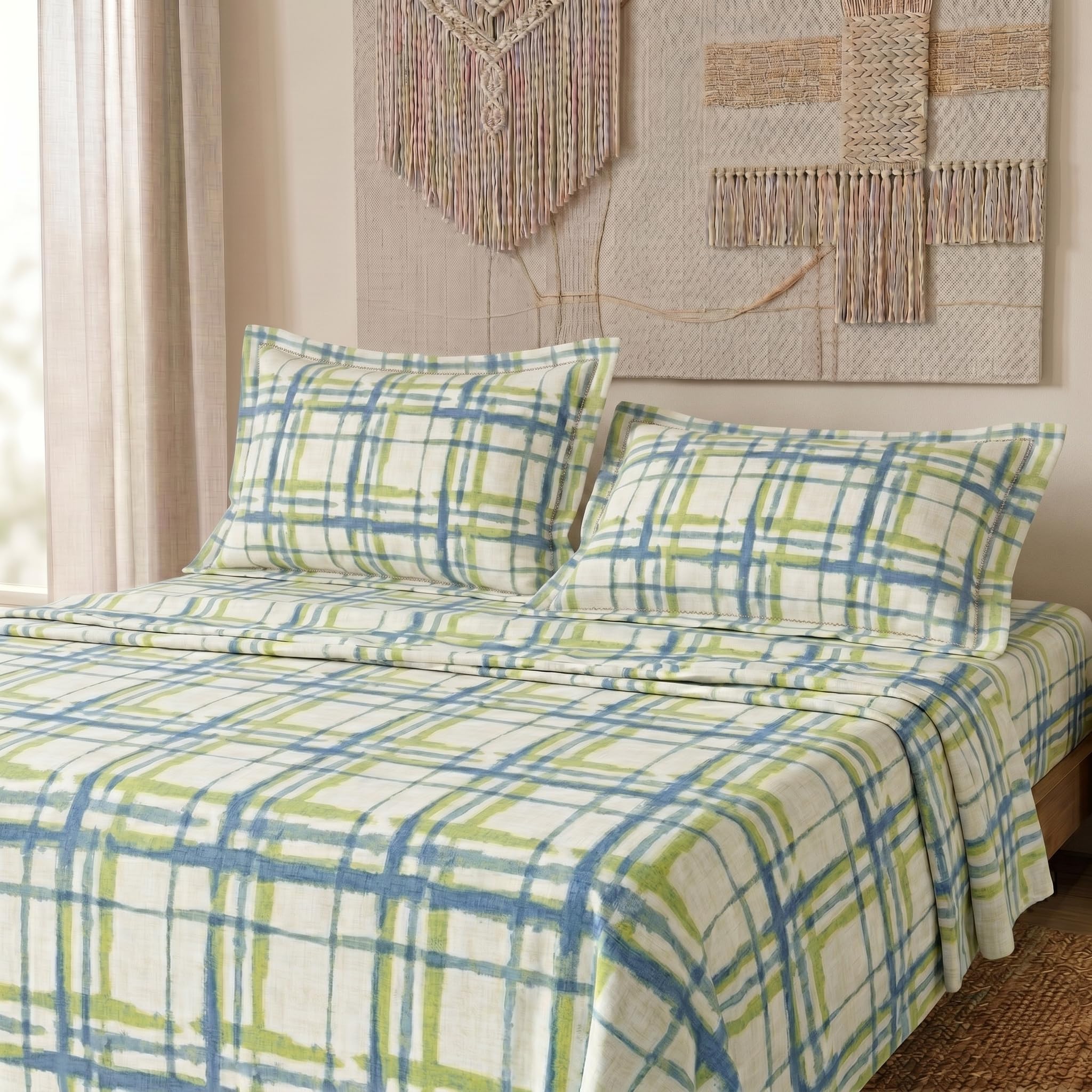 LANE LINEN 100% Cotton Printed King Size Bedsheet  Blue Crosshatch