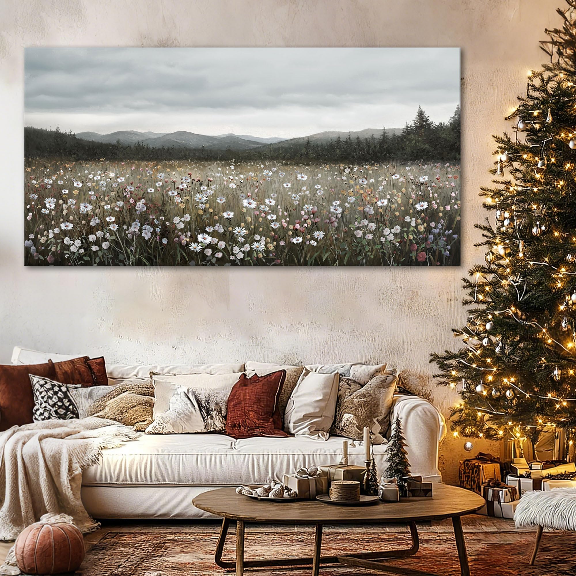 Hguaoa Vintage Framed Floral Landscape Wall Art For Living Room - Large Nature Artwork Above Bed Wall Decor - Farmhouse Mountain