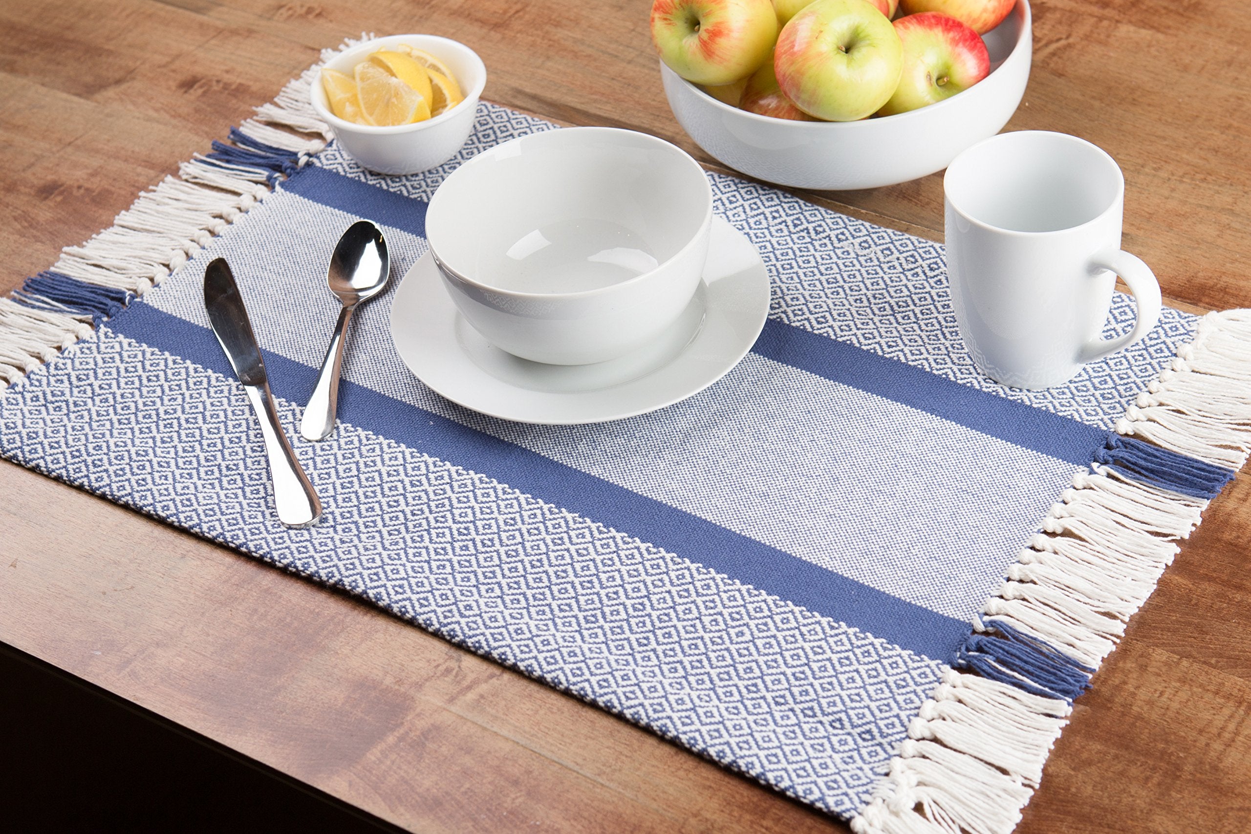 Placemats Set of 4  Woven Cloth Placemat Set  14x19 in  Blue Boho Place Mats for Kitchen or Dining Table  Washable Cotton Table Mats
