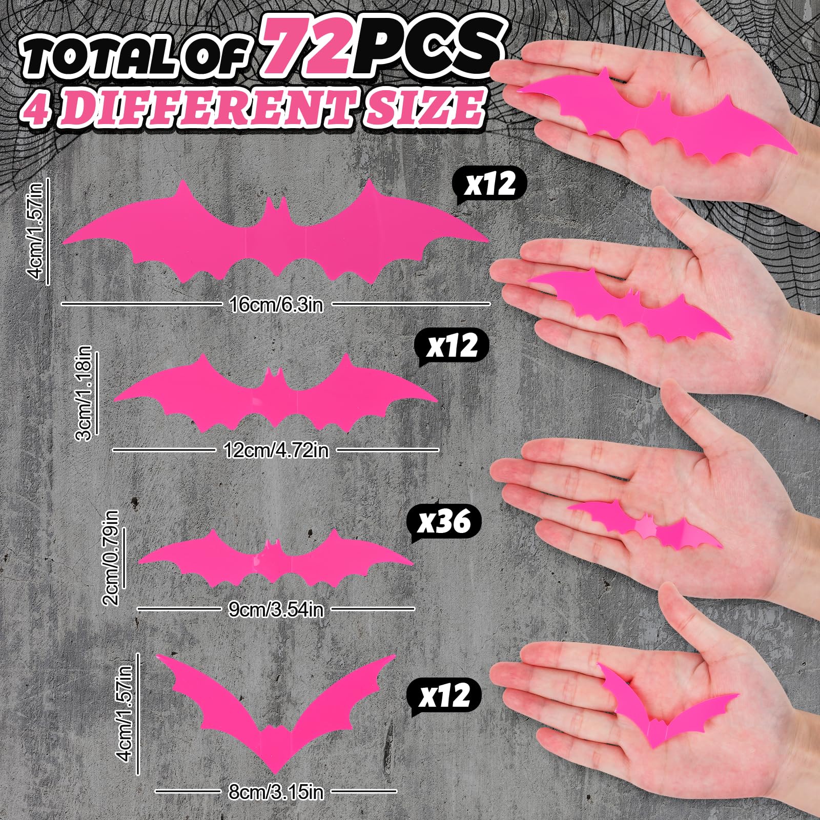 Whaline 72Pcs Halloween Bat Wall Stickers Hot Pink Plastic Waterproof Decorative Decals 3D Wall Decoration With Foam Stickers Fo