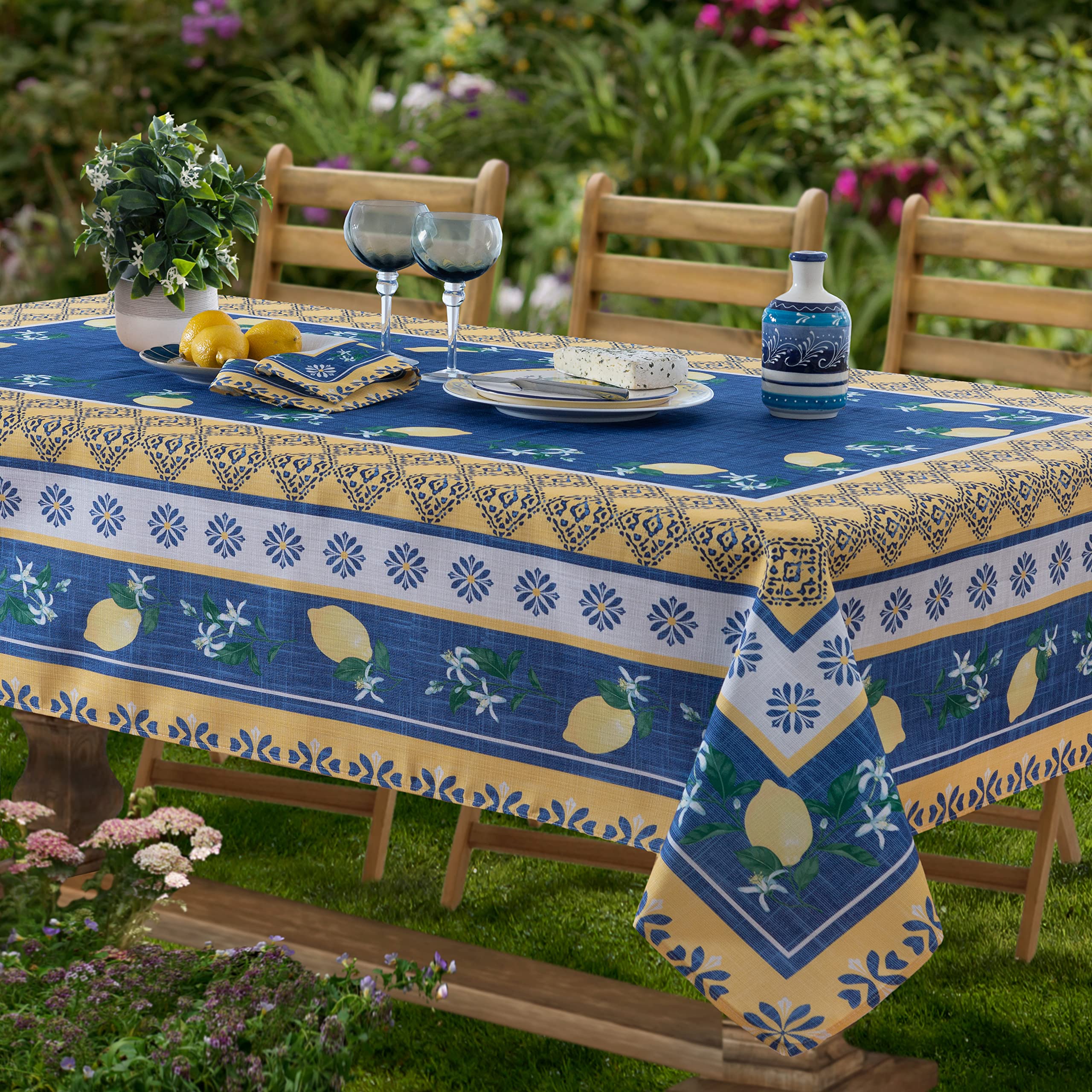 Home Bargains Plus Rectangle Fabric Tablecloth, 60 x 102 Inch, Blue Lemon Garden, Indoor Outdoor Stain and Water Resistant Fabri