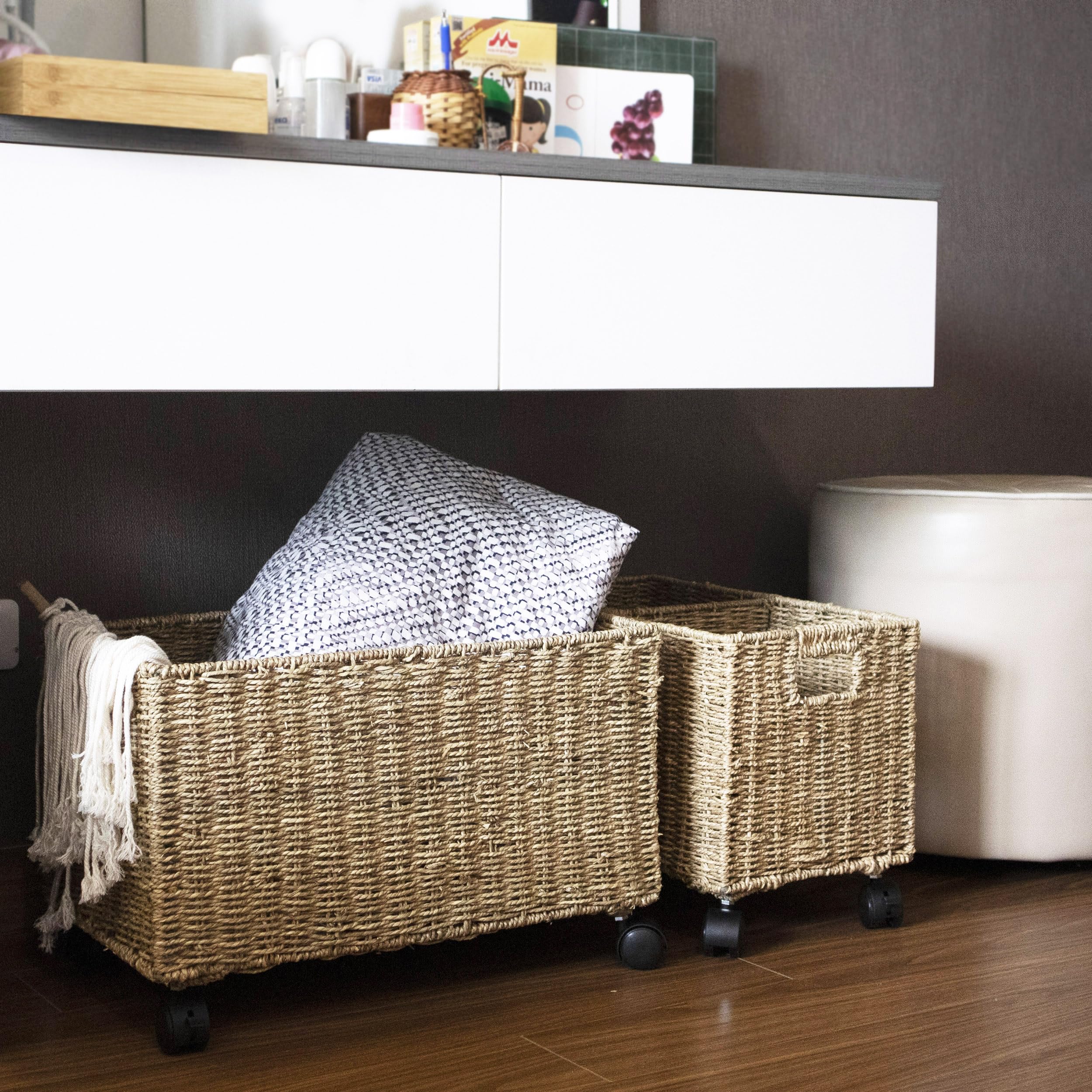 Pemar Set 2 (Different Sizes Nesting In A Set) Natural Wicker Rolling Storage Baskets On Wheels W Insert Handle, Under Table Und