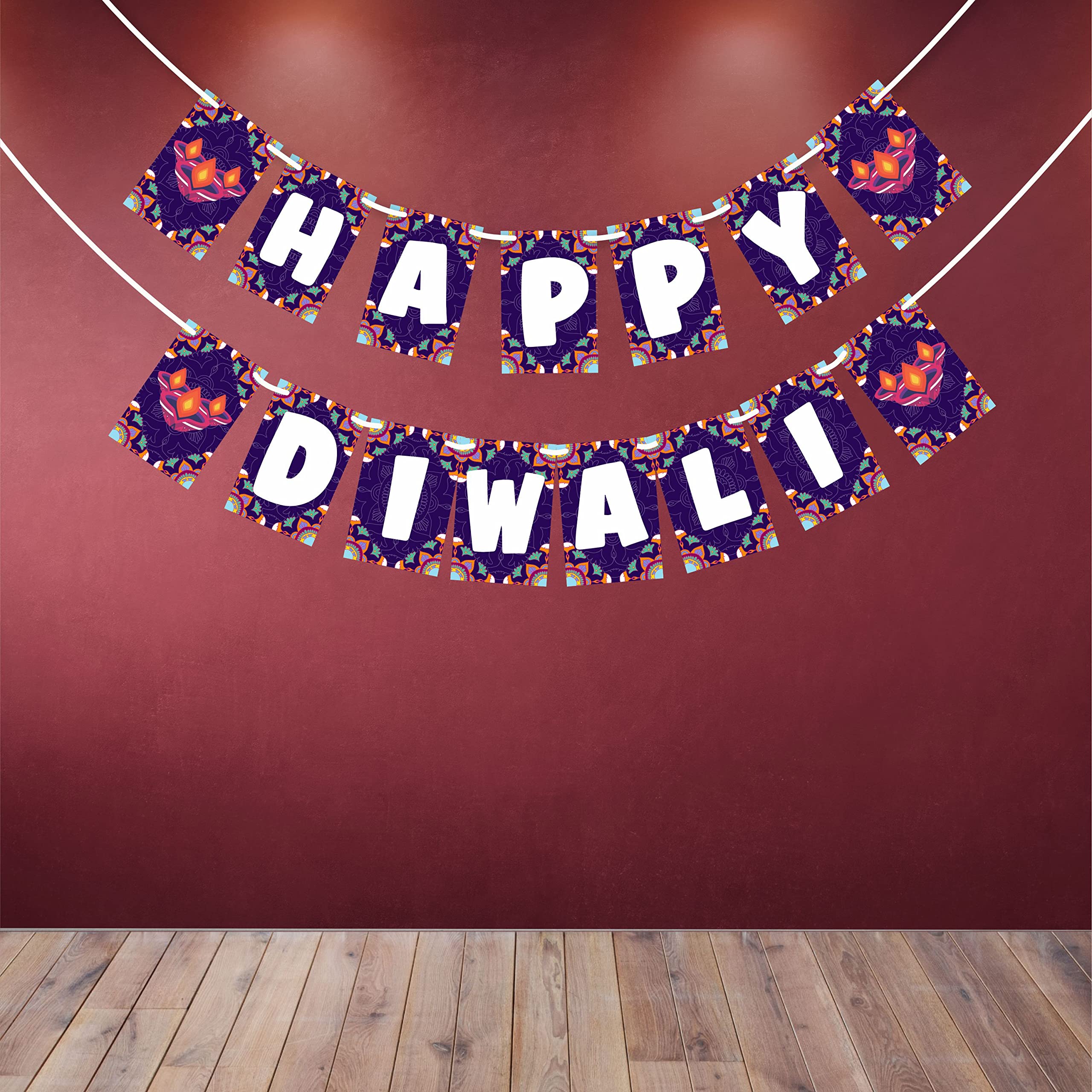 WOBBOX Diwali Decoration Bunting Banner, Happy Diwali Blue Color Mandala Floral Design With White Font, Diwali Decoration Item, 