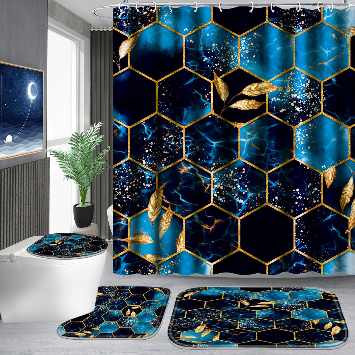 Poedist 4 Pcs Bathroom Shower Curtain Set,Bathroom Sets With Rugs(Bath Mat,U Shape And Toilet Lid Cover Mat) And 12 Hooks,Sky Bl