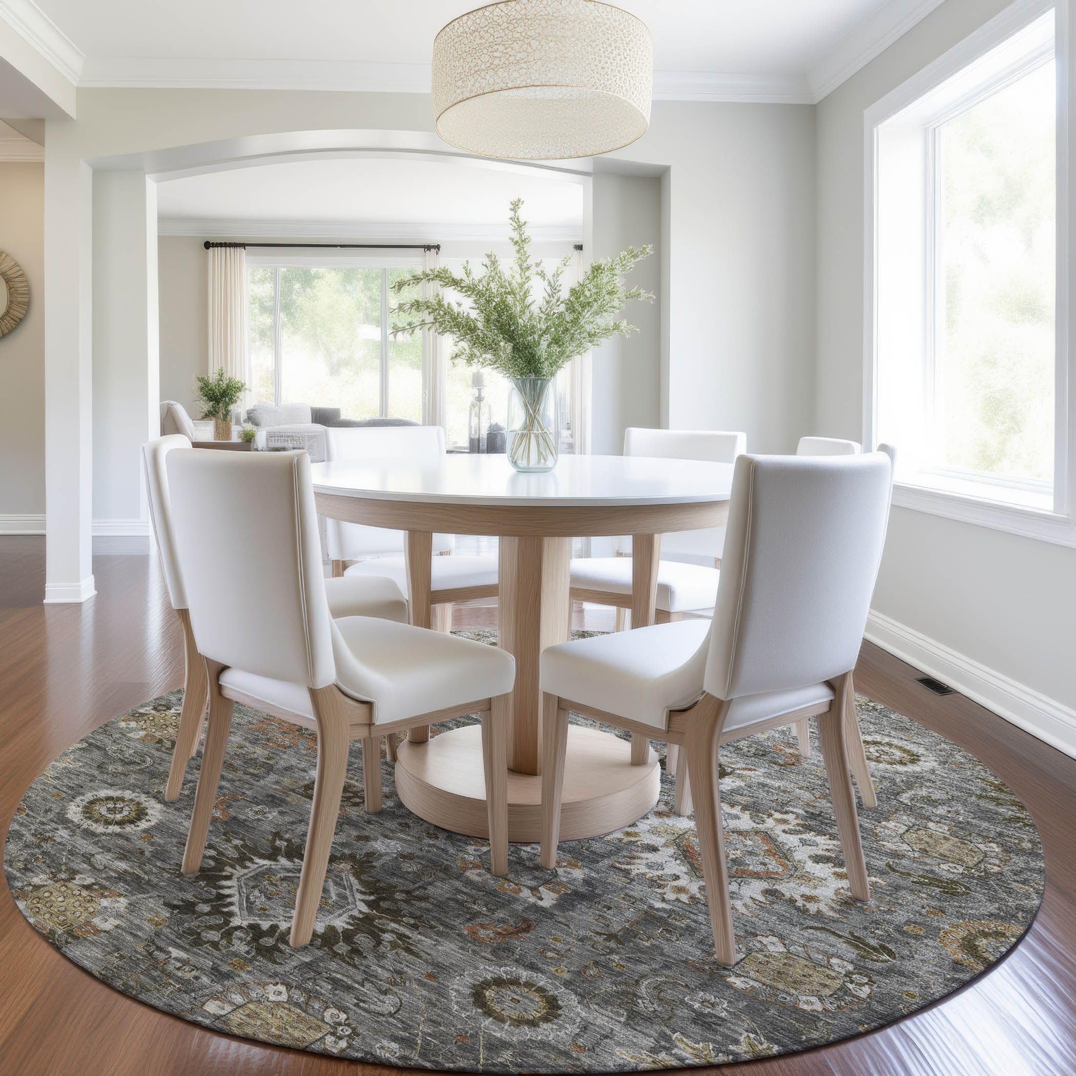 Machine Washable Indoor/Outdoor Chantille Pewter 8 x 8 Round Rug