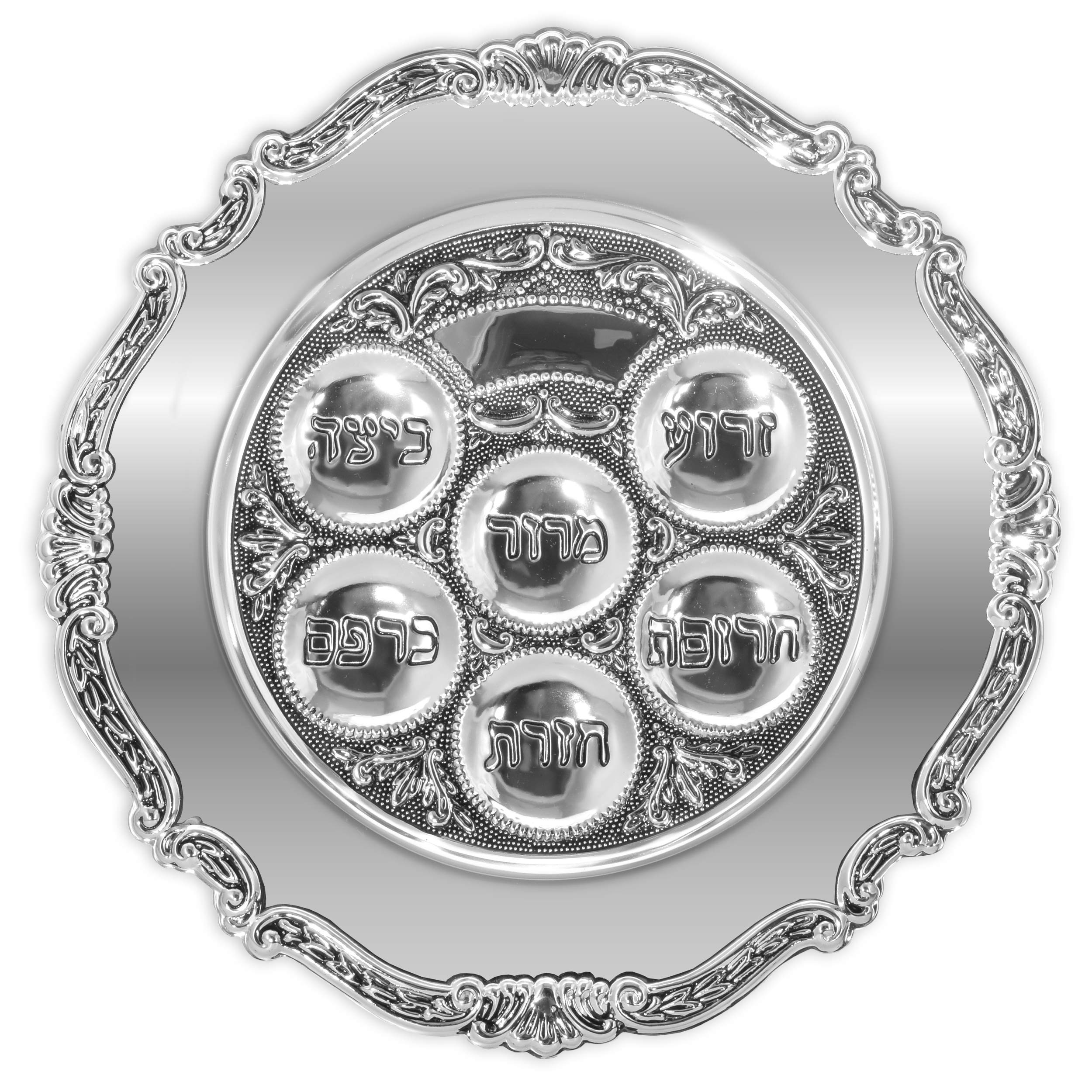 Ner Mitzvah Silver Plated Passover Seder Plate - Traditional Judaica Passover Seder Plate - Kaarah Shallow Traditional Design La