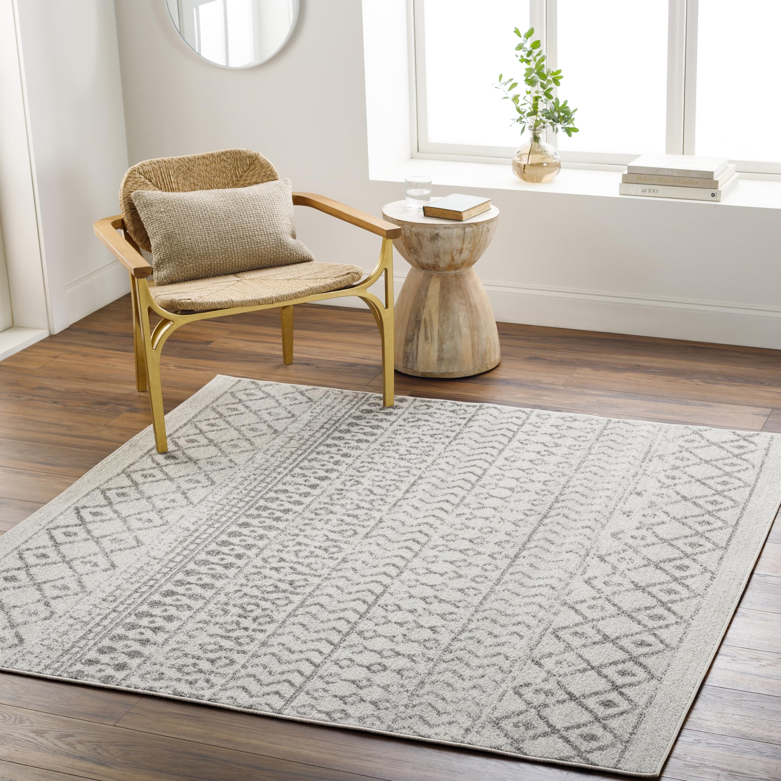 Livabliss Area Rugs - 5x5 Chester Boho Moroccan Cream Square Rug for Living Room Bedroom - Charcoal Gray Geometric Stain Resista