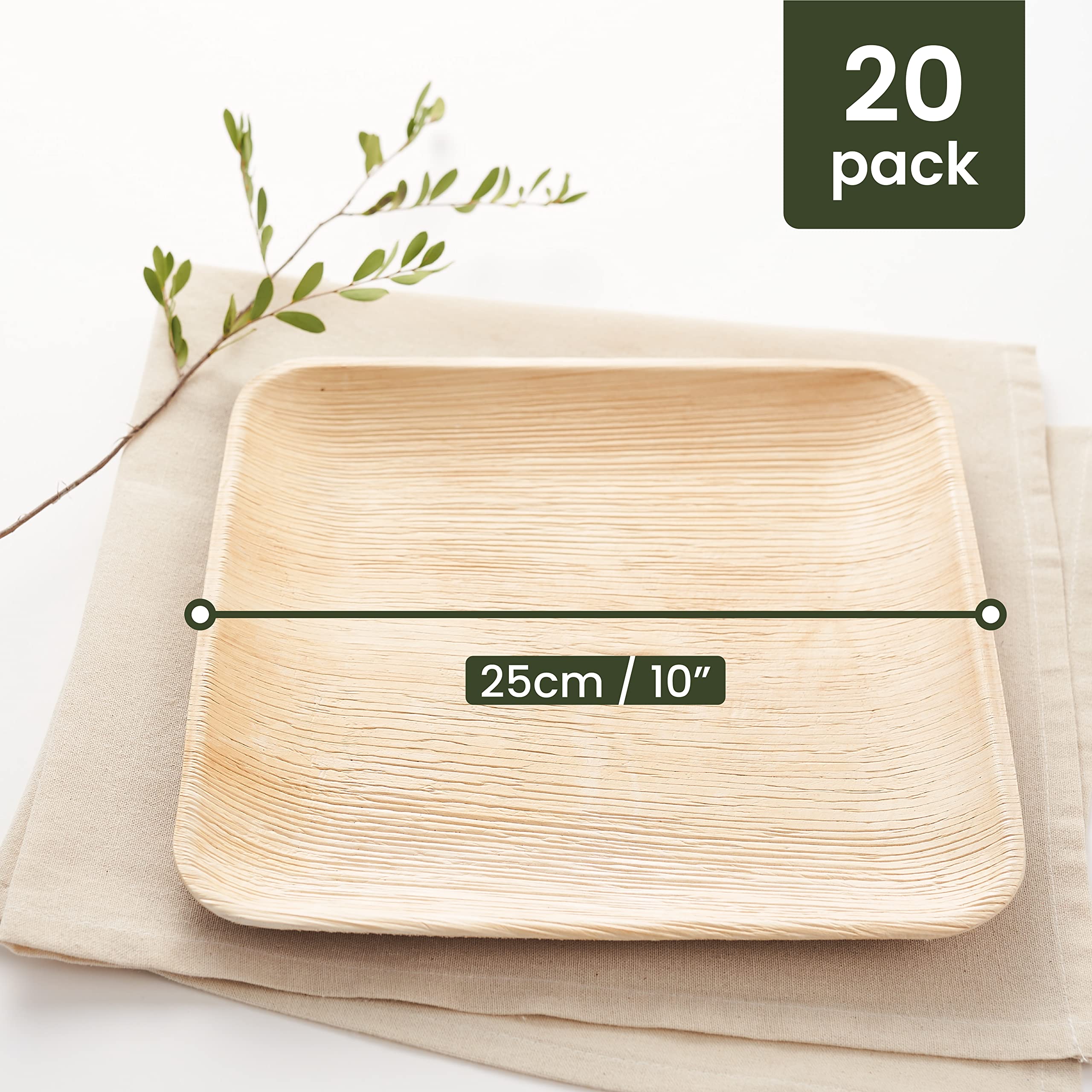 Haago Pack Palm Leaf Plates Biodegradable, Disposable, Eco-Friendly Picnic & Outdoor Tableware, Microwave Safe (10'' Square)