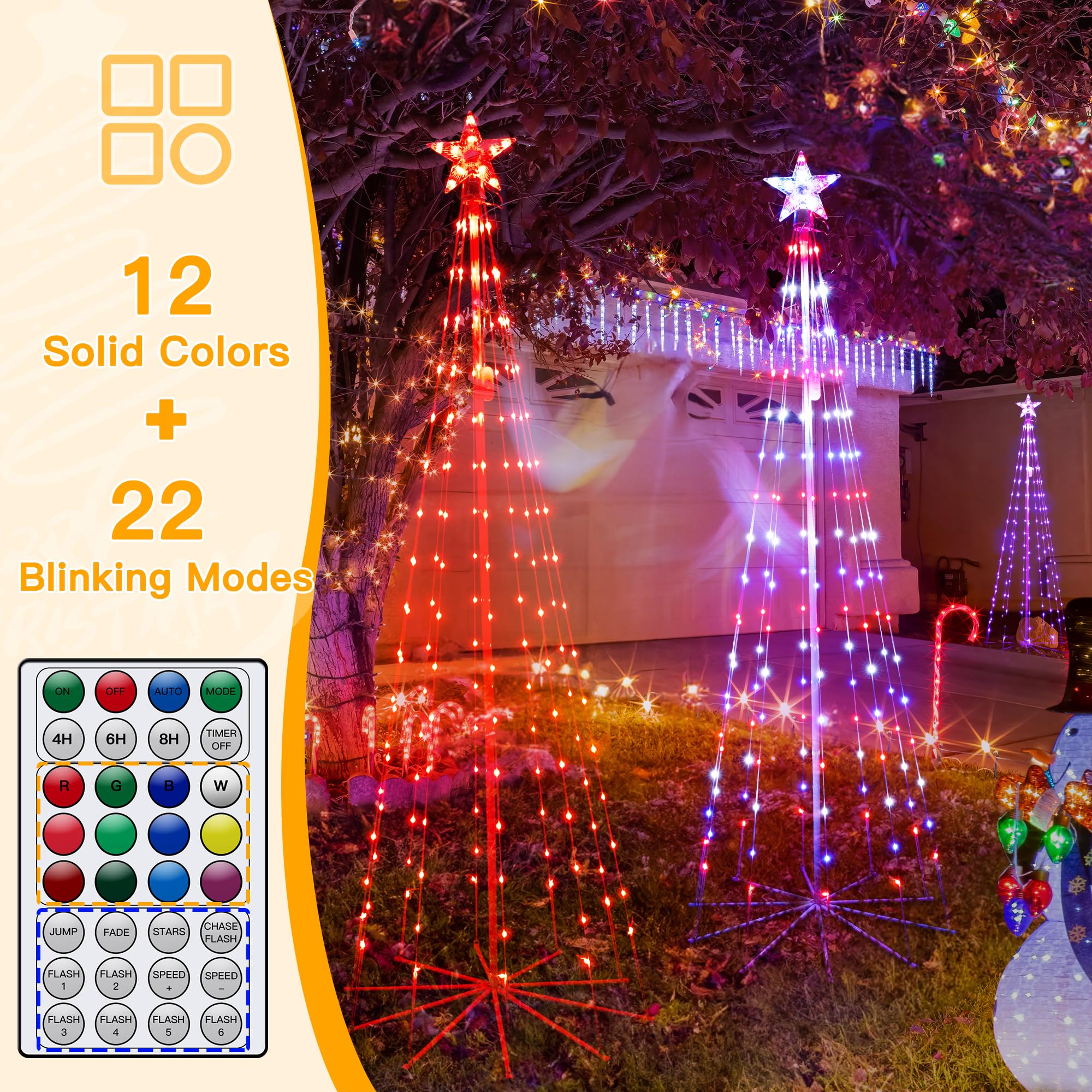 Ollny Christmas Tree Lights 6FT 170 LED, RGB 34 Modes Color Changing Outdoor String Light with Plug in Remote, Waterproof Star L