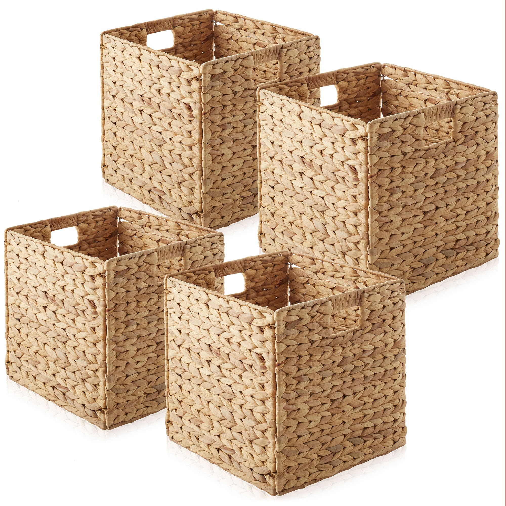 Casafield 12'' X 12'' Water Hyacinth Storage Baskets, Natural - Set Of 4 Collapsible Cube Organizers, Woven Bins For Bathroom, B