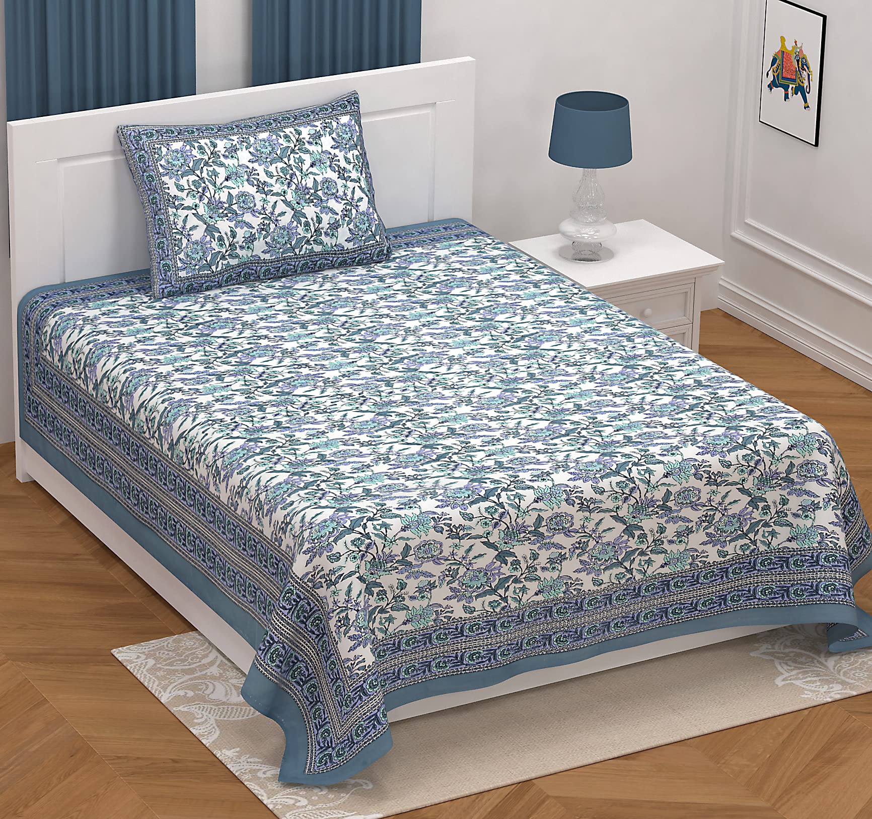 Easygoods Cotton Bedsheet For Single Bedsheet With 1 Pillow Cover 60X90 Inch, Handcrafted Bed Sheets (Blue-3)
