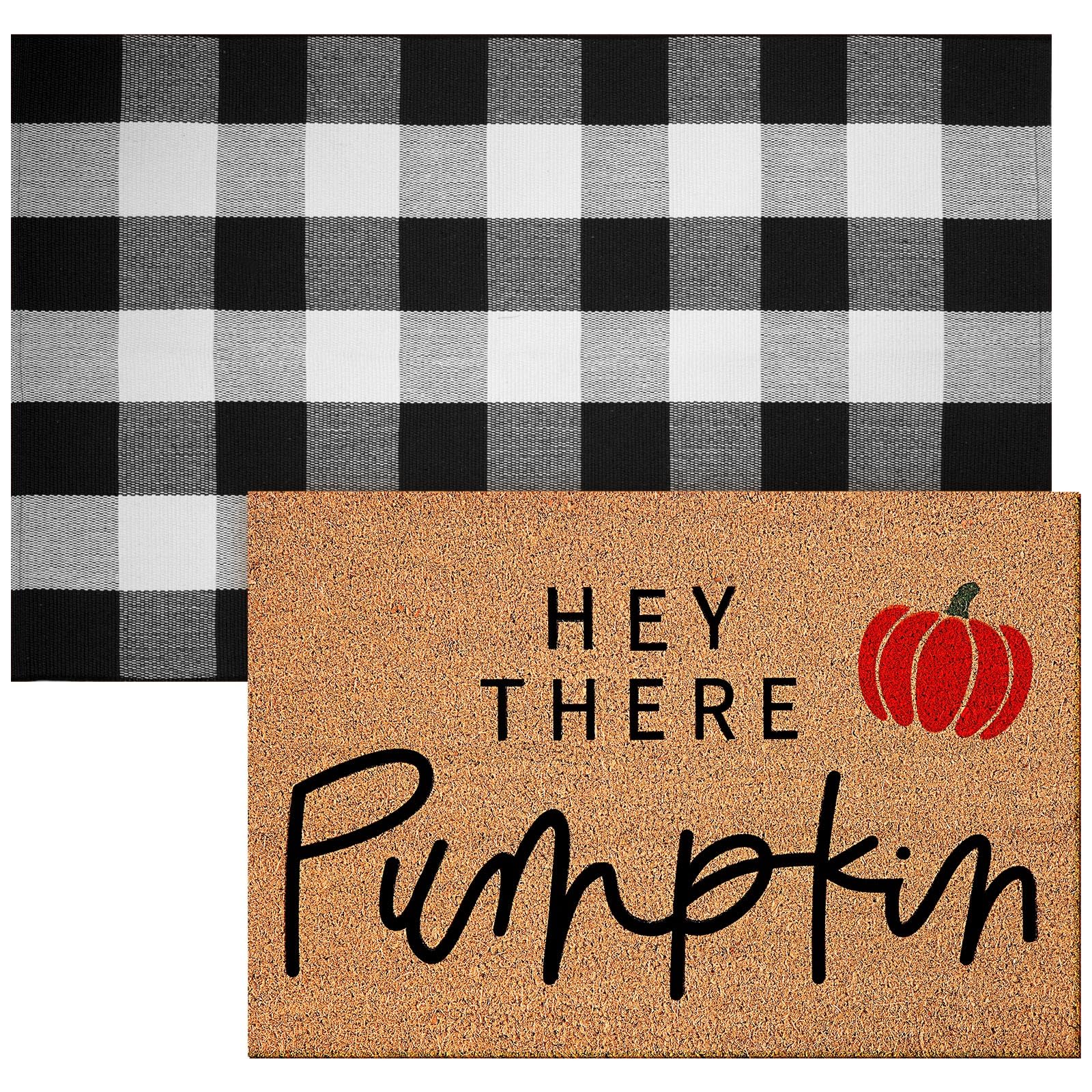 2 Pcs Fall Coir Doormat Outdoor Hey Pumpkin Welcome Outdoor Rugs for Layered Buffalo Black White Plaid Mats for Thanksgiving Aut
