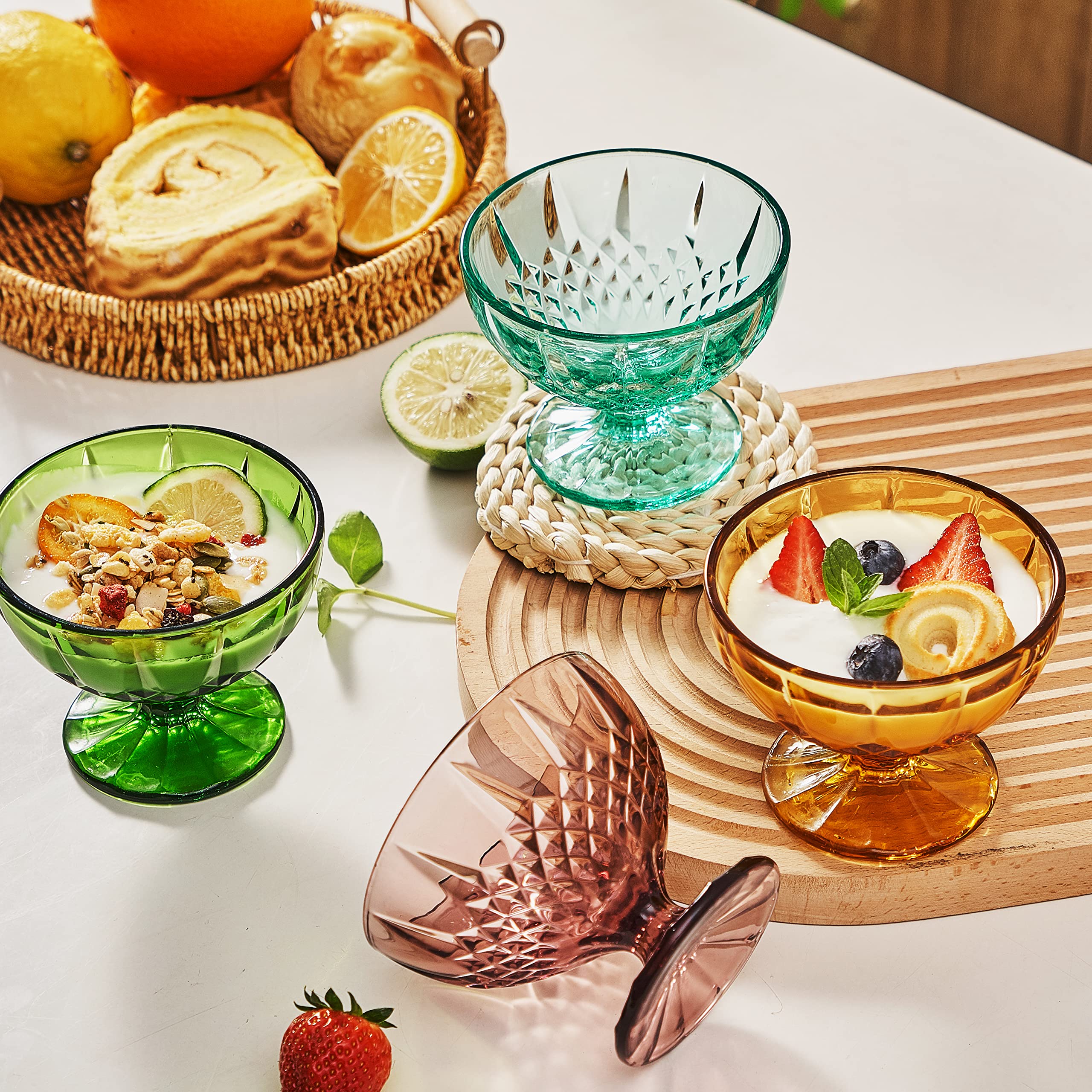 Kmwares 4Pcs Set 8Oz Colored Footed Glass Dessert Bowls/Cups