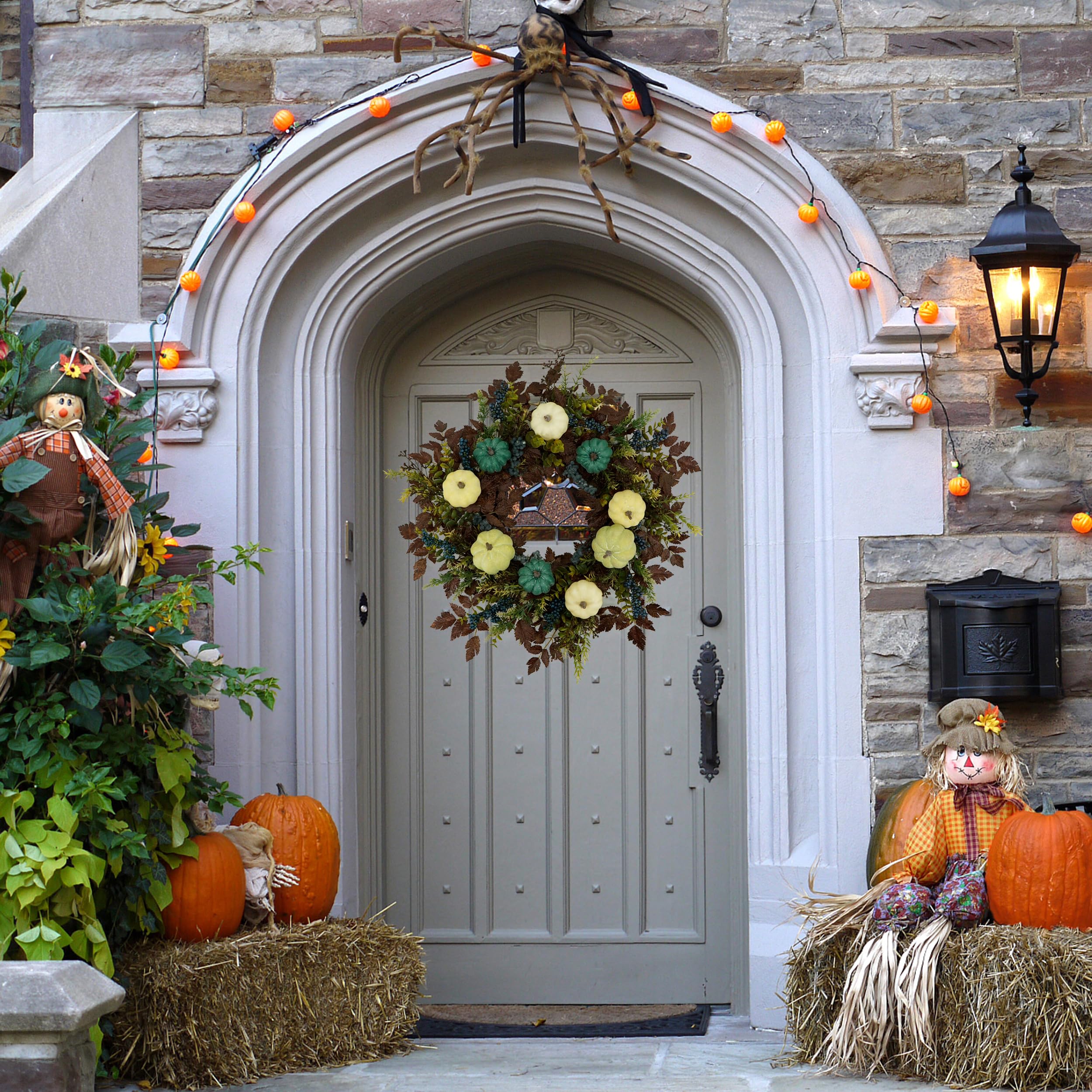 AMF0RESJ Fall Wreaths for Front Door 24 Thanksgiving Autumn Wreath with Pumpkins,Cimicifuga Plant Leaves,Berry for Front Door In