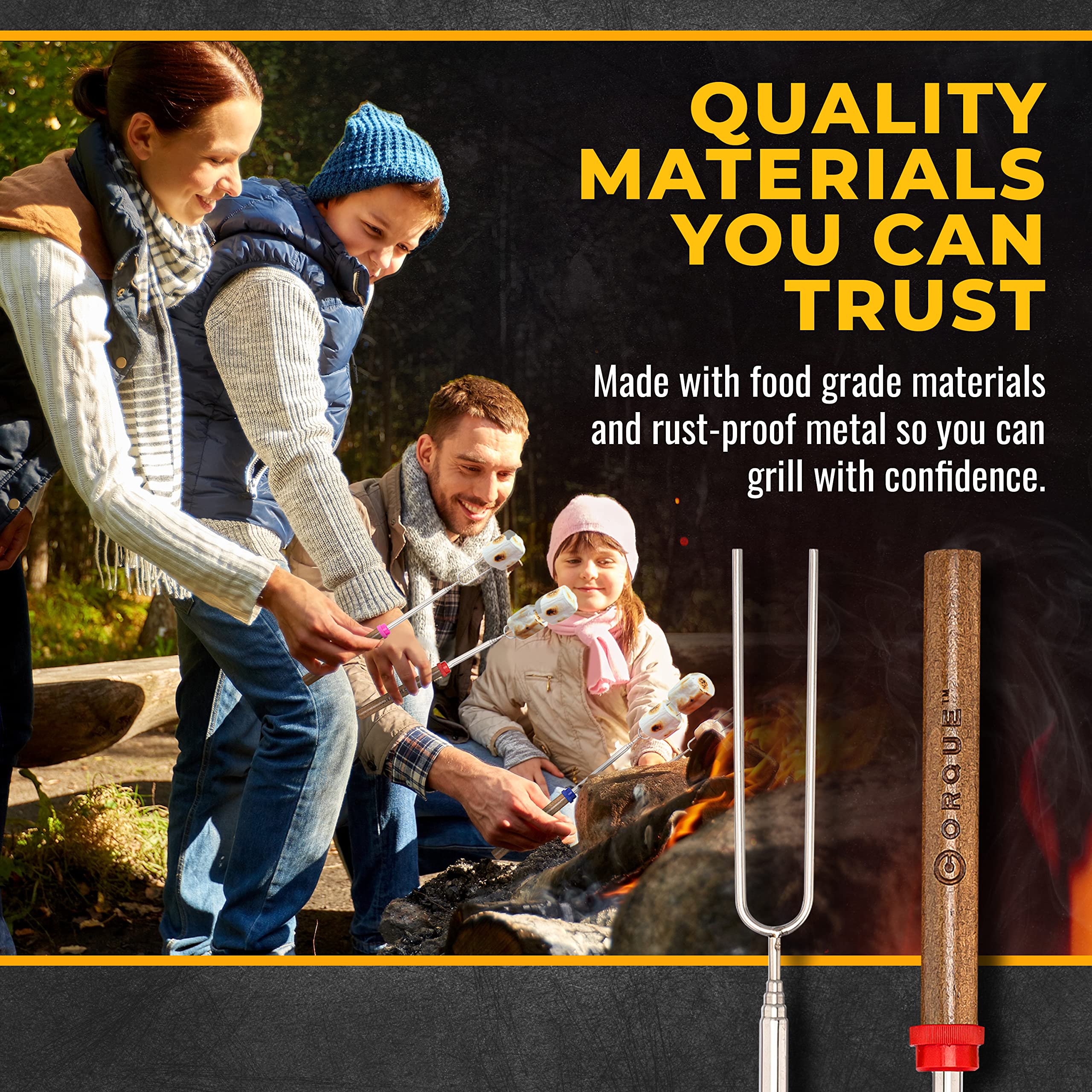 CORQUE Marshmallow Roasting Sticks  Smores Sticks  Extendable  Camping Skewer for Fire Pit  Wooden Handle  32inch Metal for BBQ Hotdog  Cooking  Campfires  Bonfires  Set of 5