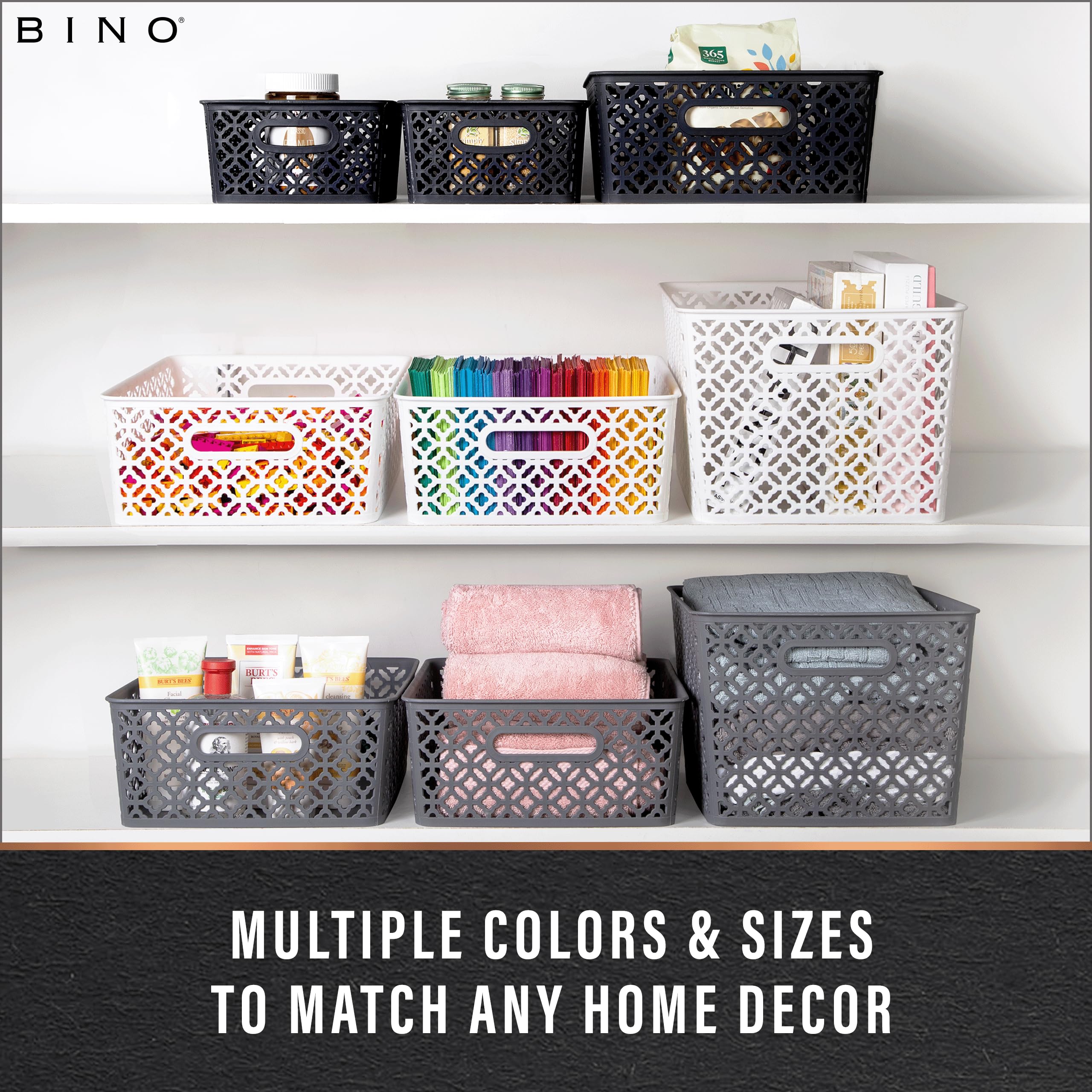 Bino L Plastic Storage Baskets, Large - White | The Blossom Collection L Multi-Use Organizer Bin L Built-In Handles L Plastic Wo