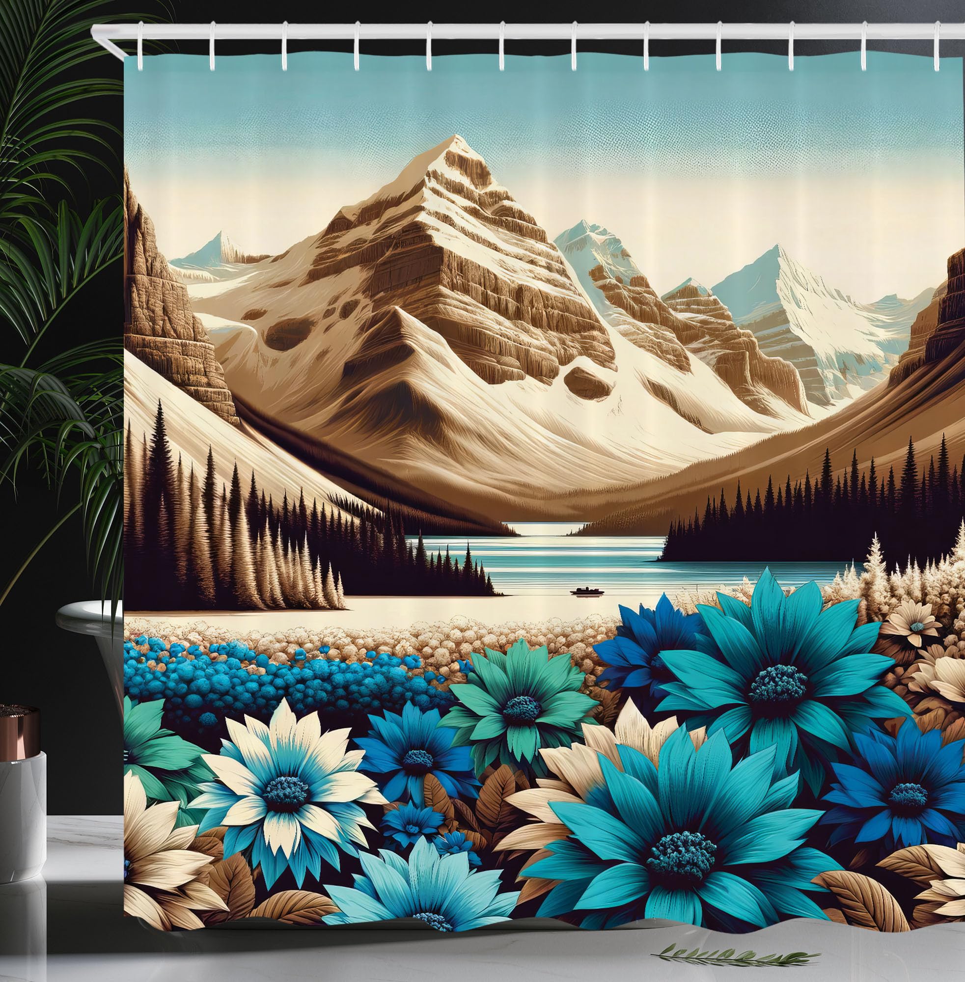 Ambesonne Lake Shower Curtain, Art Of Mountain Scene With Icy Tone Sunflowers Meadow And Dark Woodland, Cloth Fabric Bathroom De